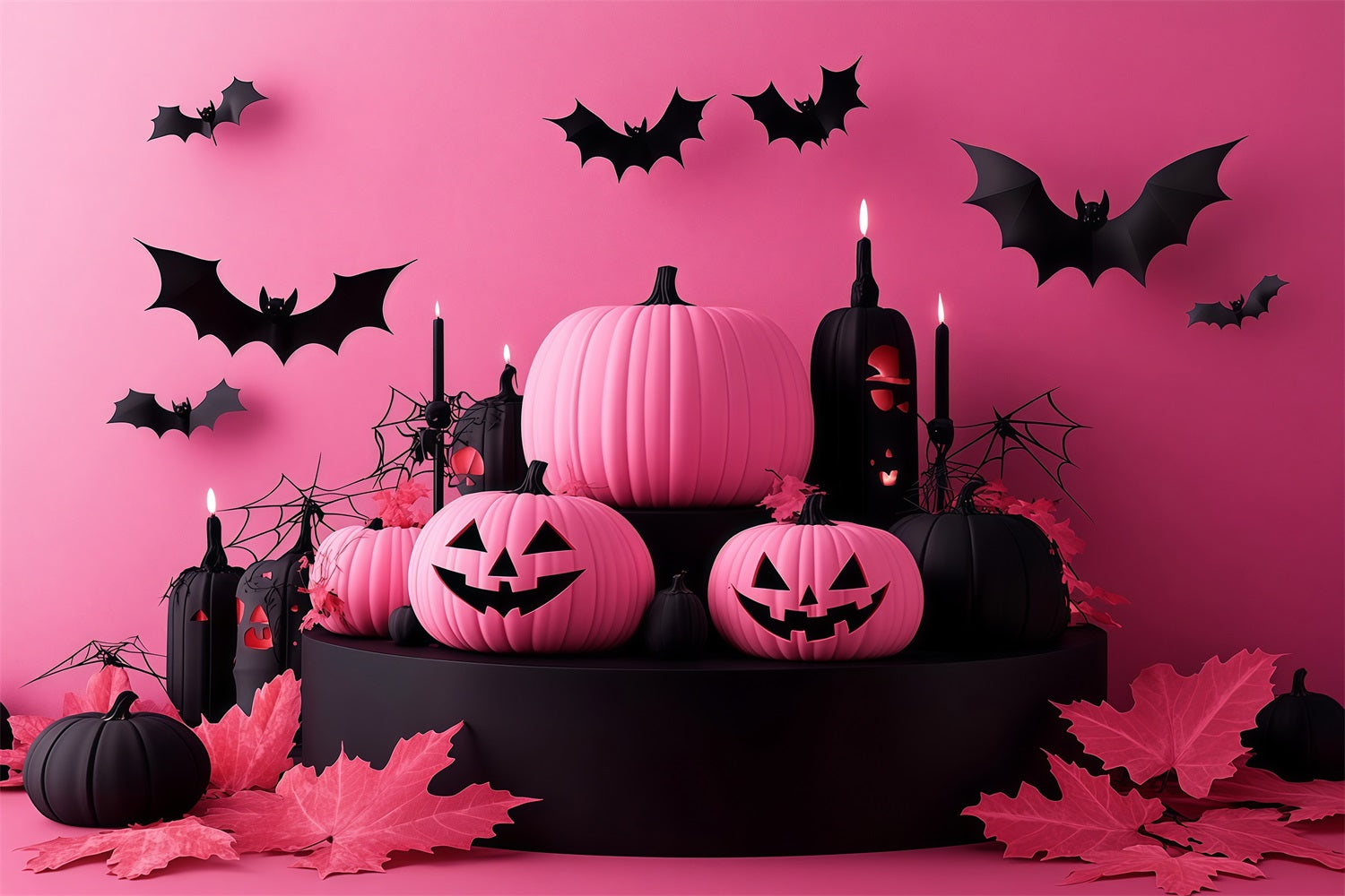 Rosa und schwarze Halloween-Kürbisse mit fliegenden Fledermäusen Halloween-Fotohintergrund-Ideen TWW58-22