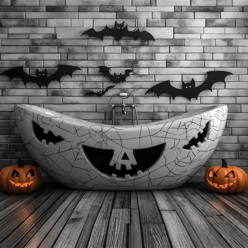 Halloween Geisterbadewanne mit Kürbisschnitzereien und Fledermäusen Halloween-Fotohintergrundideen TWW58-23