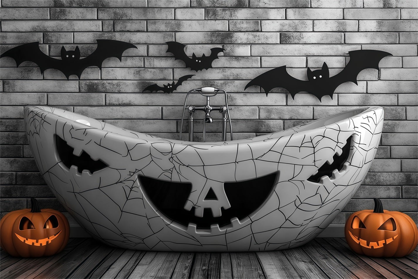Halloween Geisterbadewanne mit Kürbisschnitzereien und Fledermäusen Halloween-Fotohintergrundideen TWW58-23