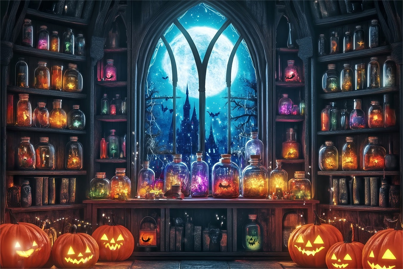 Halloween WandFotohintergrund Moonbeschienener Zaubertrankraum mit Kürbissen und Gläsern Halloween-Fotohintergrundideen TWW58-24