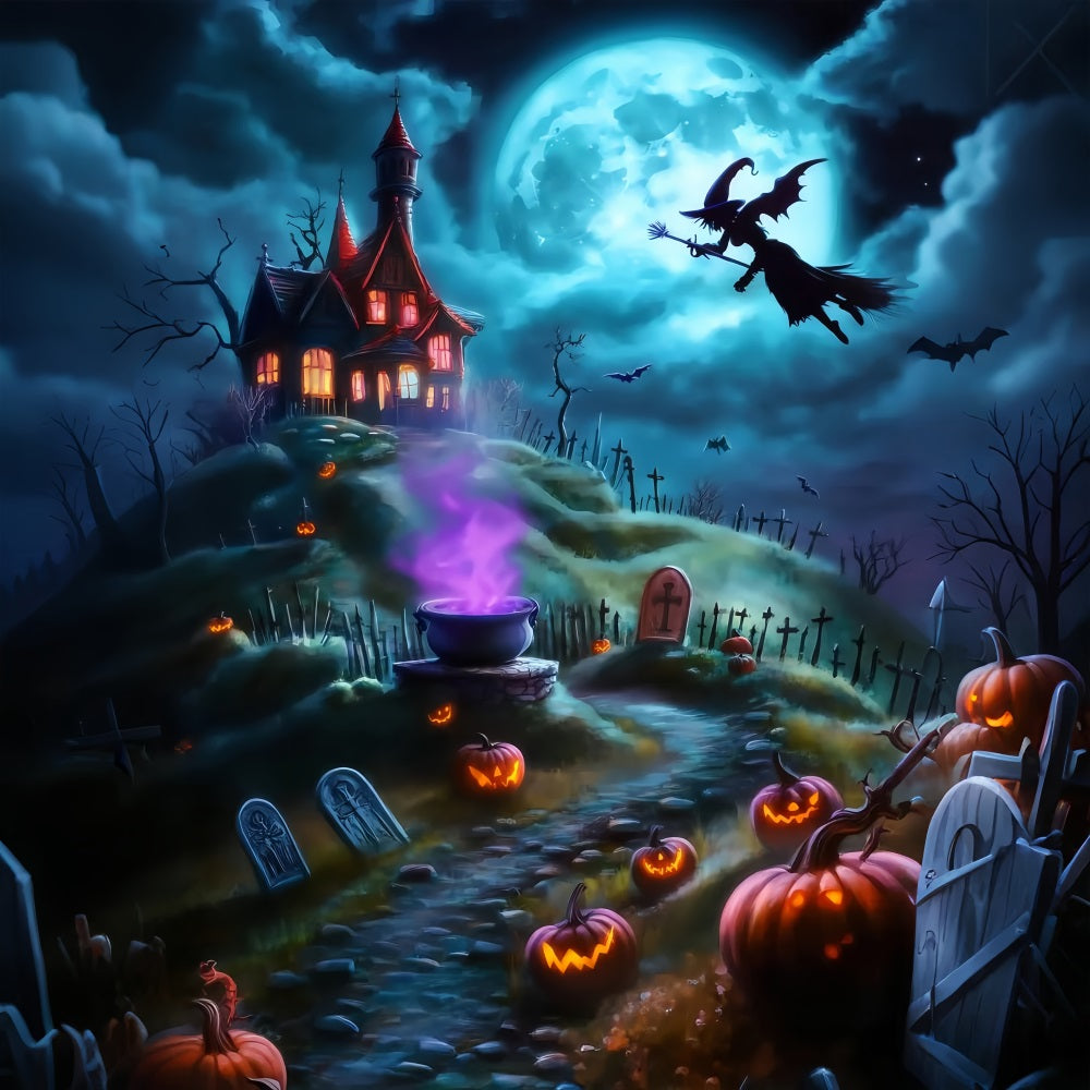 Halloween-Hexe, die über einen gruseligen Bergfriedhof fliegt Halloween-Fotohintergrund für Fotos TWW58-26