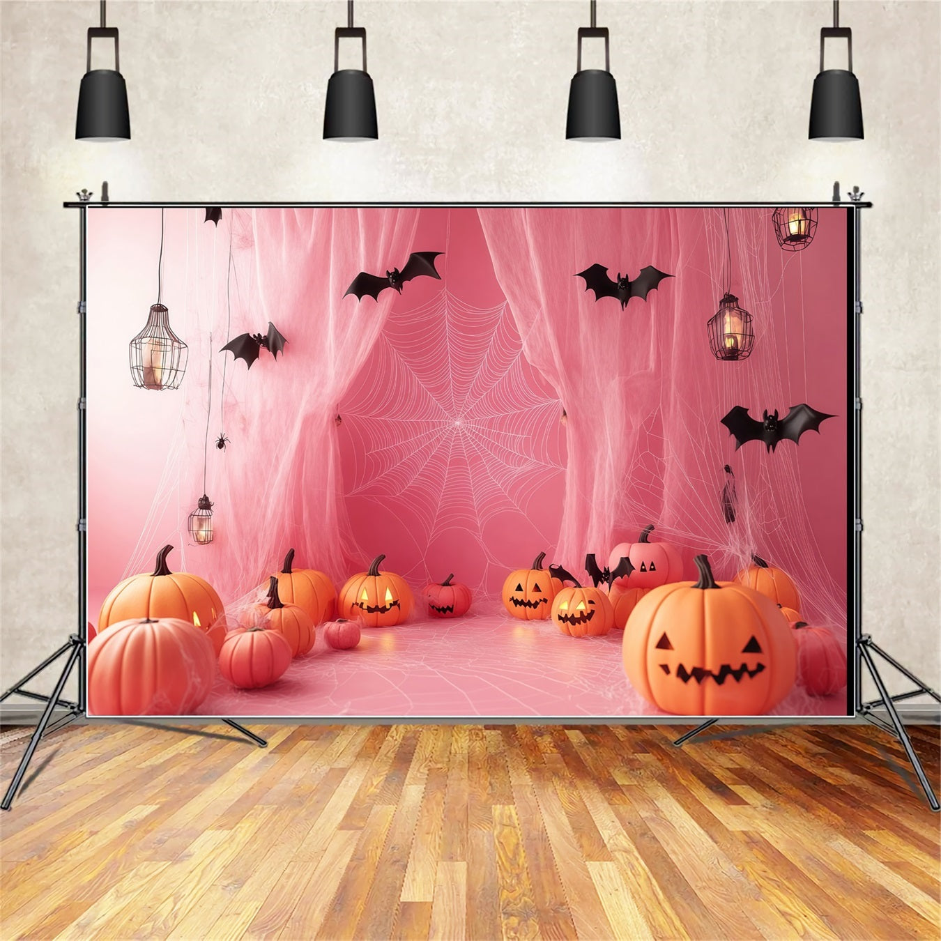 Halloween Rosa Spinnennetzvorhänge mit Lampions Halloween-Fotohintergrund für Fotos TWW58-27