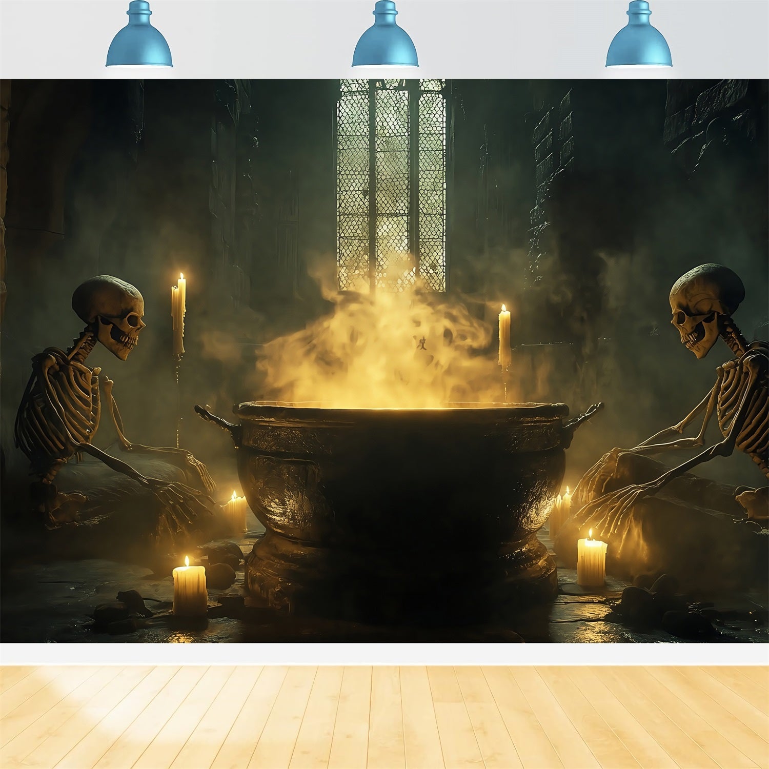 Spukhaus-Fotohintergrundkulisse Skelette Rührender blubbernder Hexenkessel Gruselige Halloween-Fotohintergrundkulisse TWW58-38