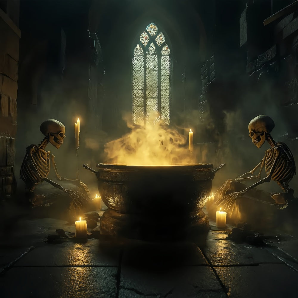 Spukhaus-Fotohintergrundkulisse Skelette Rührender blubbernder Hexenkessel Gruselige Halloween-Fotohintergrundkulisse TWW58-38