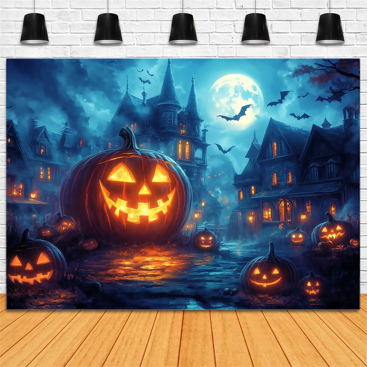 Halloween-Friedhof-Fotohintergrund Glühende Jack-O'-Lantern-Straße bei VollMoon Halloween-Fotografie-Fotohintergrund TWW58-45
