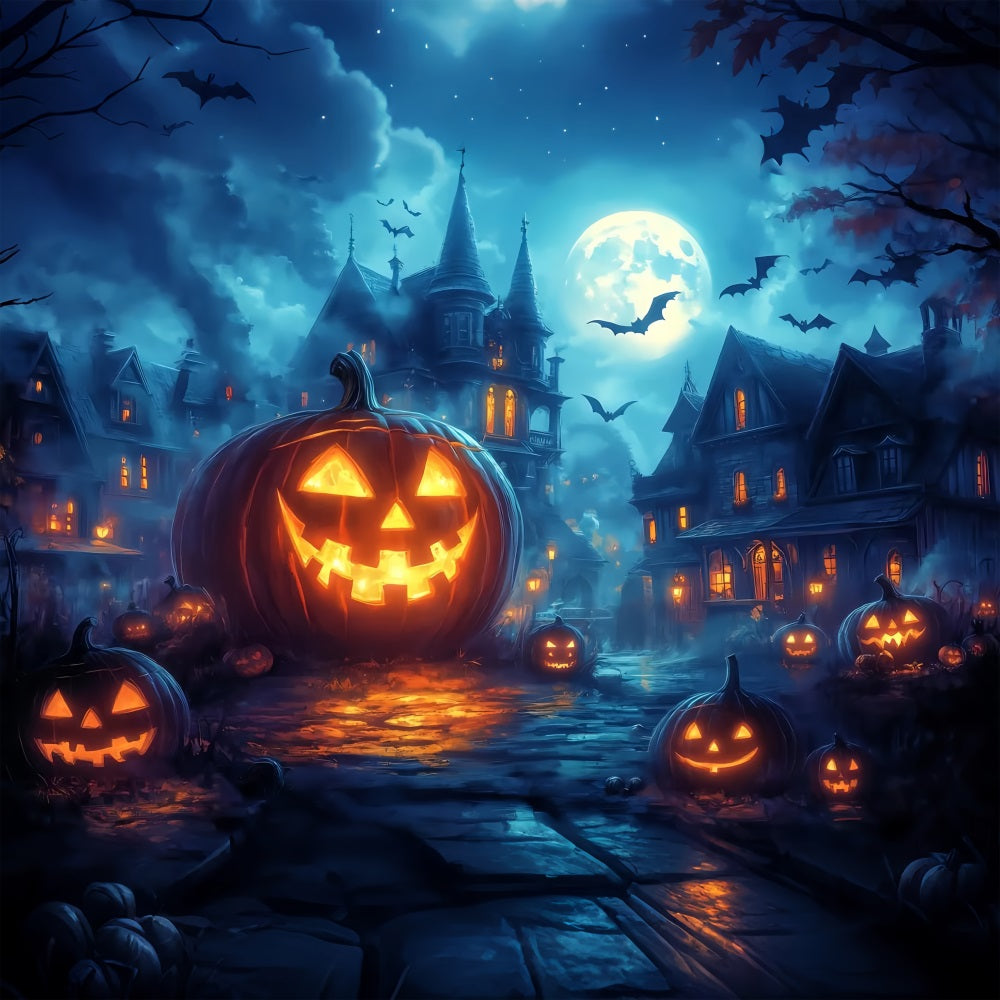 Halloween-Friedhof-Fotohintergrund Glühende Jack-O'-Lantern-Straße bei VollMoon Halloween-Fotografie-Fotohintergrund TWW58-45