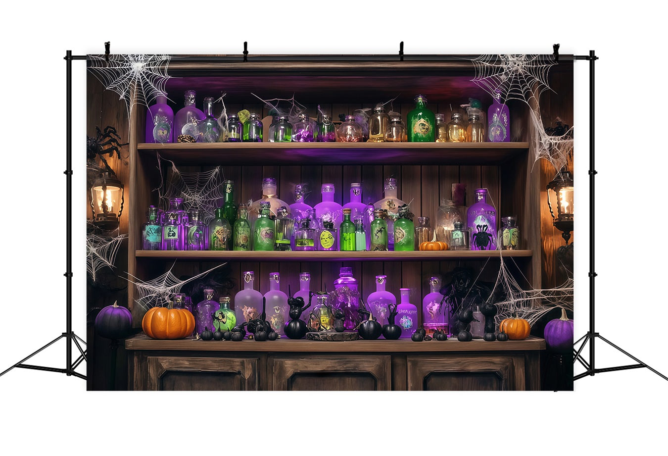 Halloween-WandFotohintergrund Zaubertrankflaschen und Spinnweben auf Holzregal Halloween-Fotohintergrundbilder TWW58-48
