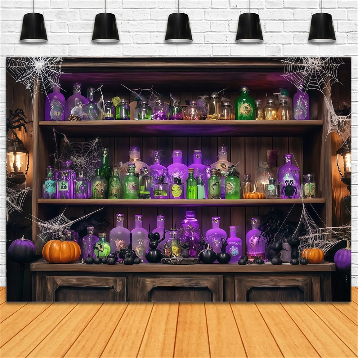 Halloween-WandFotohintergrund Zaubertrankflaschen und Spinnweben auf Holzregal Halloween-Fotohintergrundbilder TWW58-48