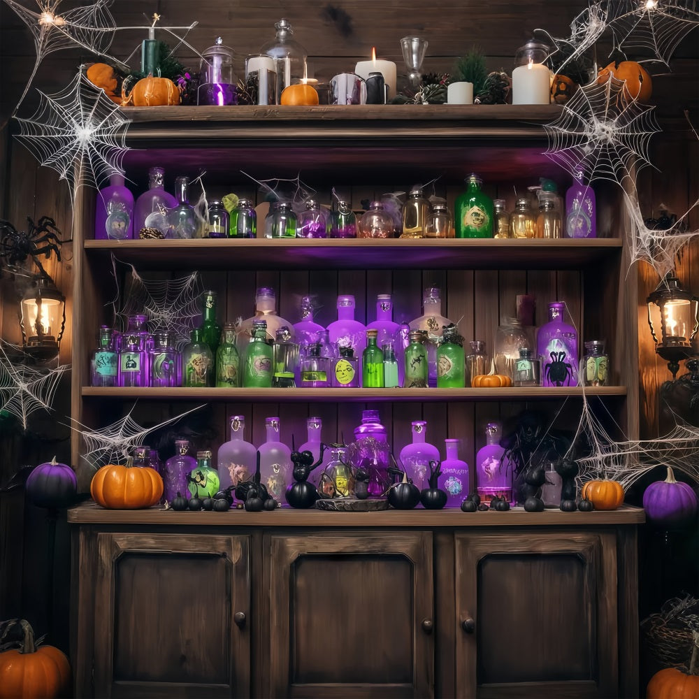 Halloween-WandFotohintergrund Zaubertrankflaschen und Spinnweben auf Holzregal Halloween-Fotohintergrundbilder TWW58-48