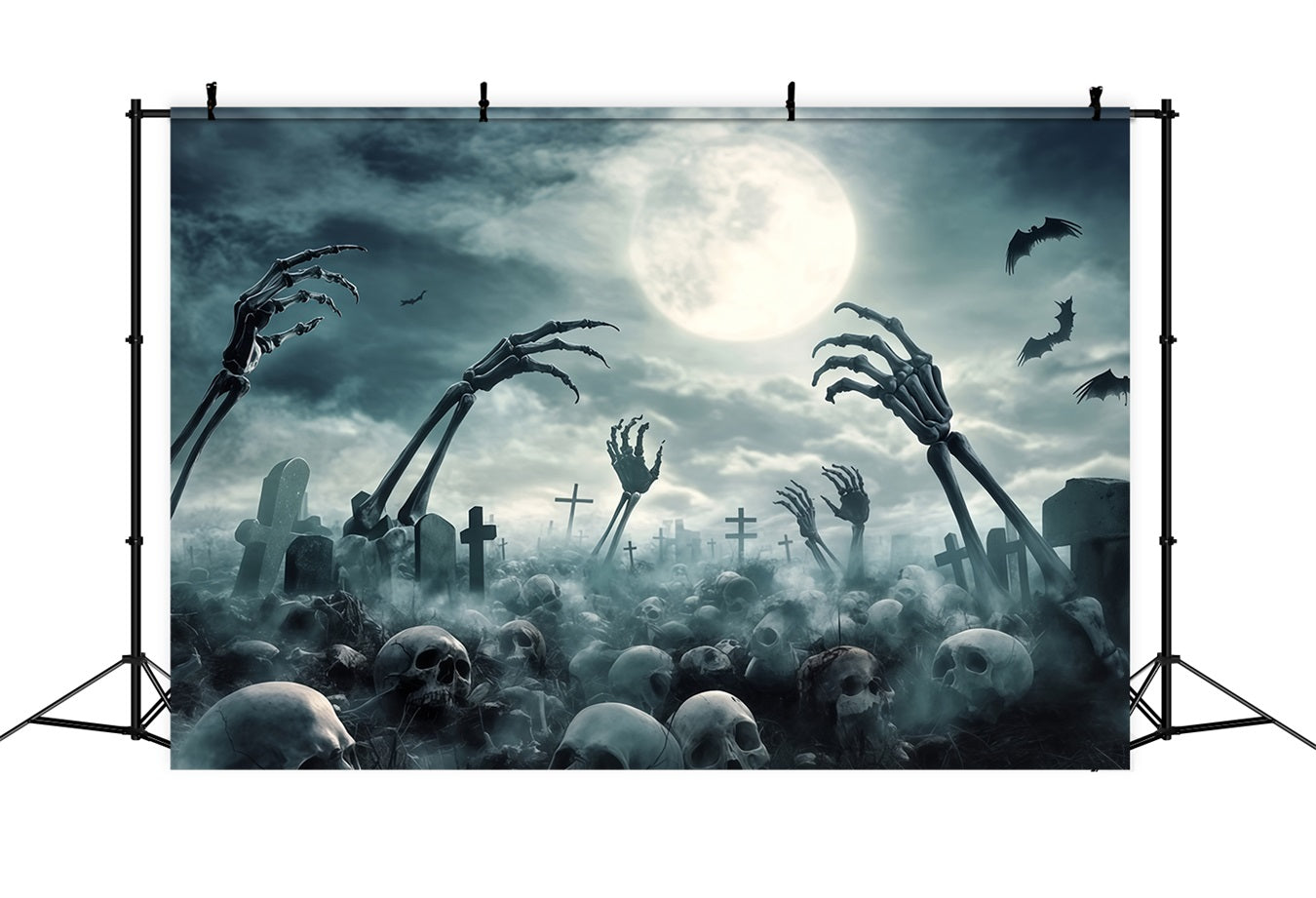 Garagentor Halloween-Fotohintergrund Friedhof Skelett Hände und VollMoon Gruselige Halloween-Fotohintergrundbilder TWW58-49