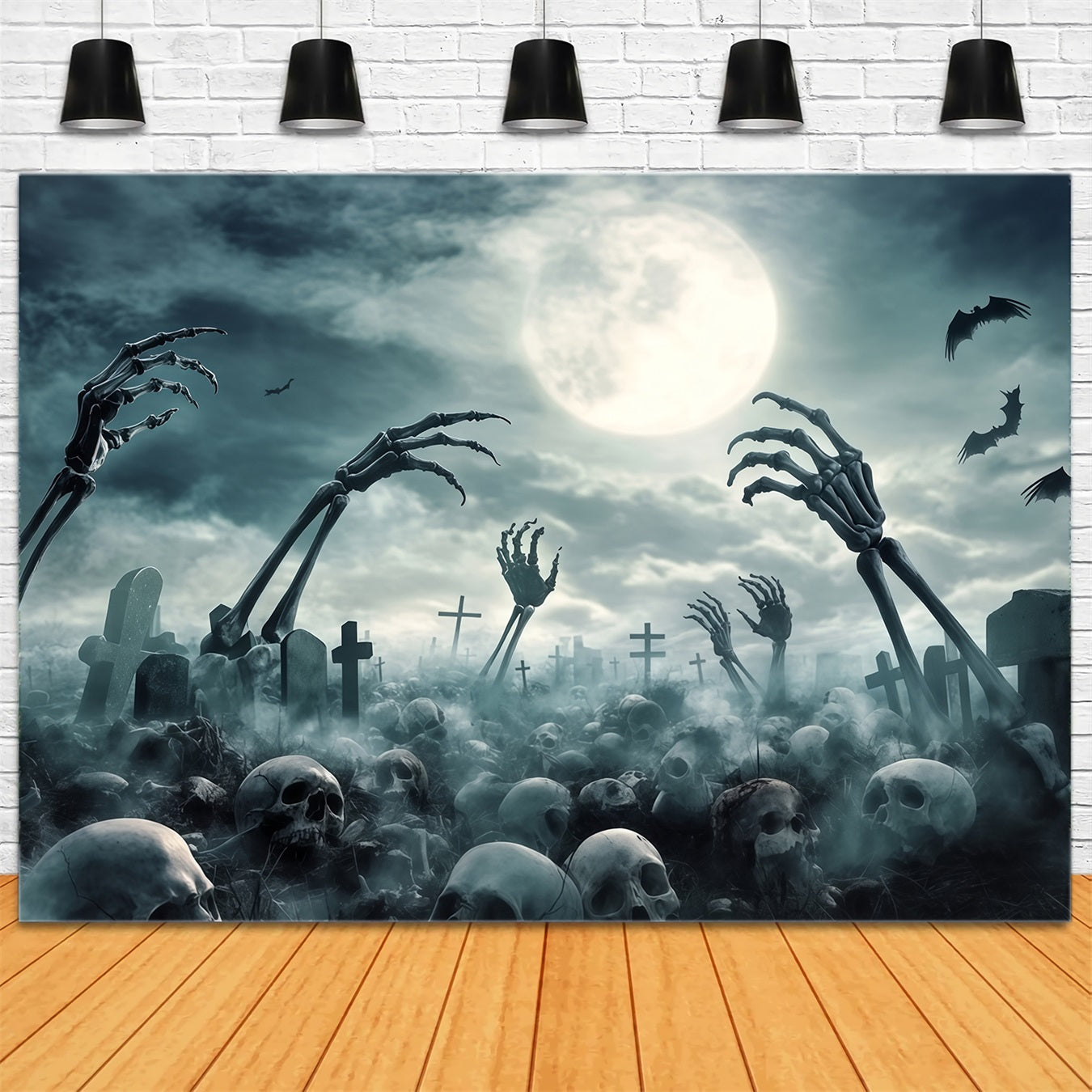 Garagentor Halloween-Fotohintergrund Friedhof Skelett Hände und VollMoon Gruselige Halloween-Fotohintergrundbilder TWW58-49