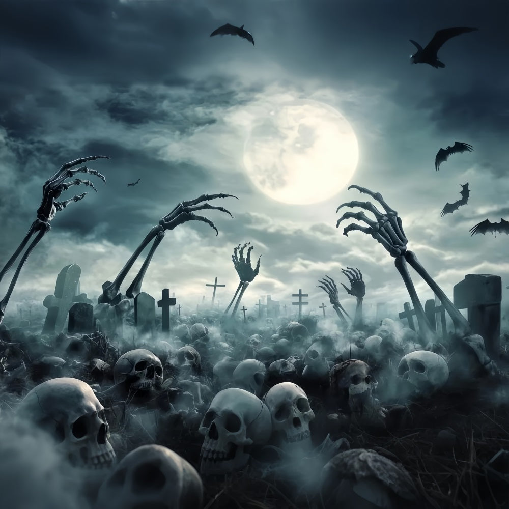 Garagentor Halloween-Fotohintergrund Friedhof Skelett Hände und VollMoon Gruselige Halloween-Fotohintergrundbilder TWW58-49