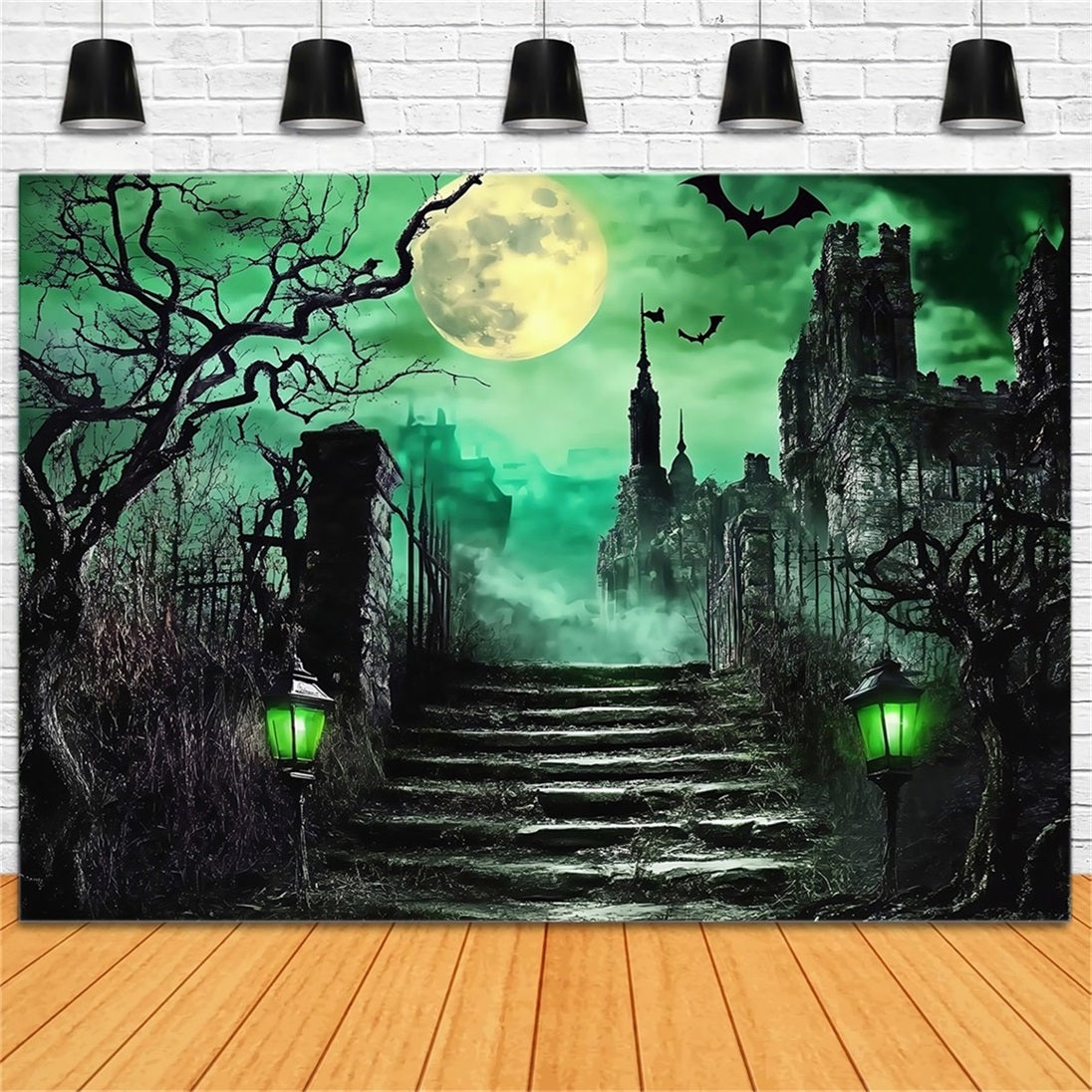 Halloween-Friedhof-Fotohintergrund Spukschloss-Treppe unter grünem Moon Halloween-Fotokulissen TWW58-52