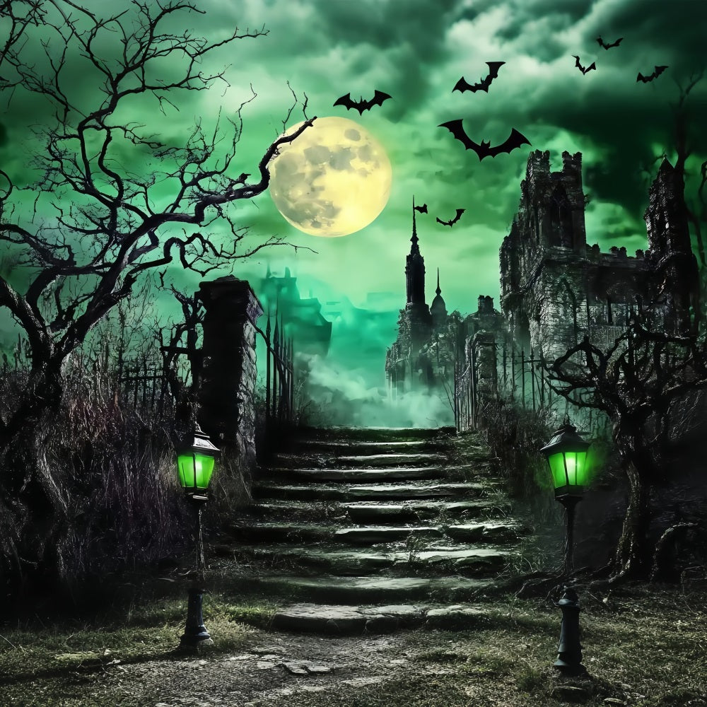 Halloween-Friedhof-Fotohintergrund Spukschloss-Treppe unter grünem Moon Halloween-Fotokulissen TWW58-52