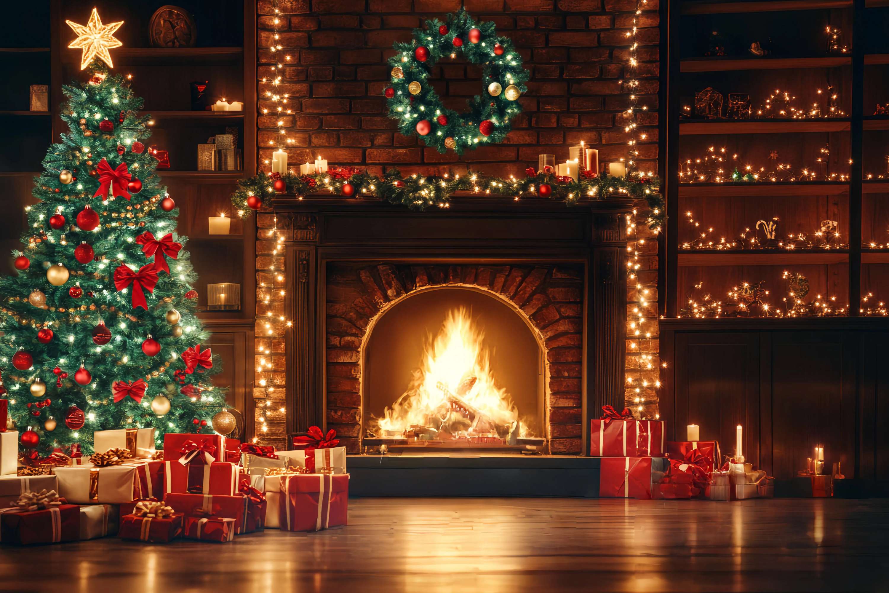 Weihnachten Kamin Backdrop Kamin Girlande Weihnachtsbaum Weihnachten Studiohintergrund für die Fotografie TWW58-59