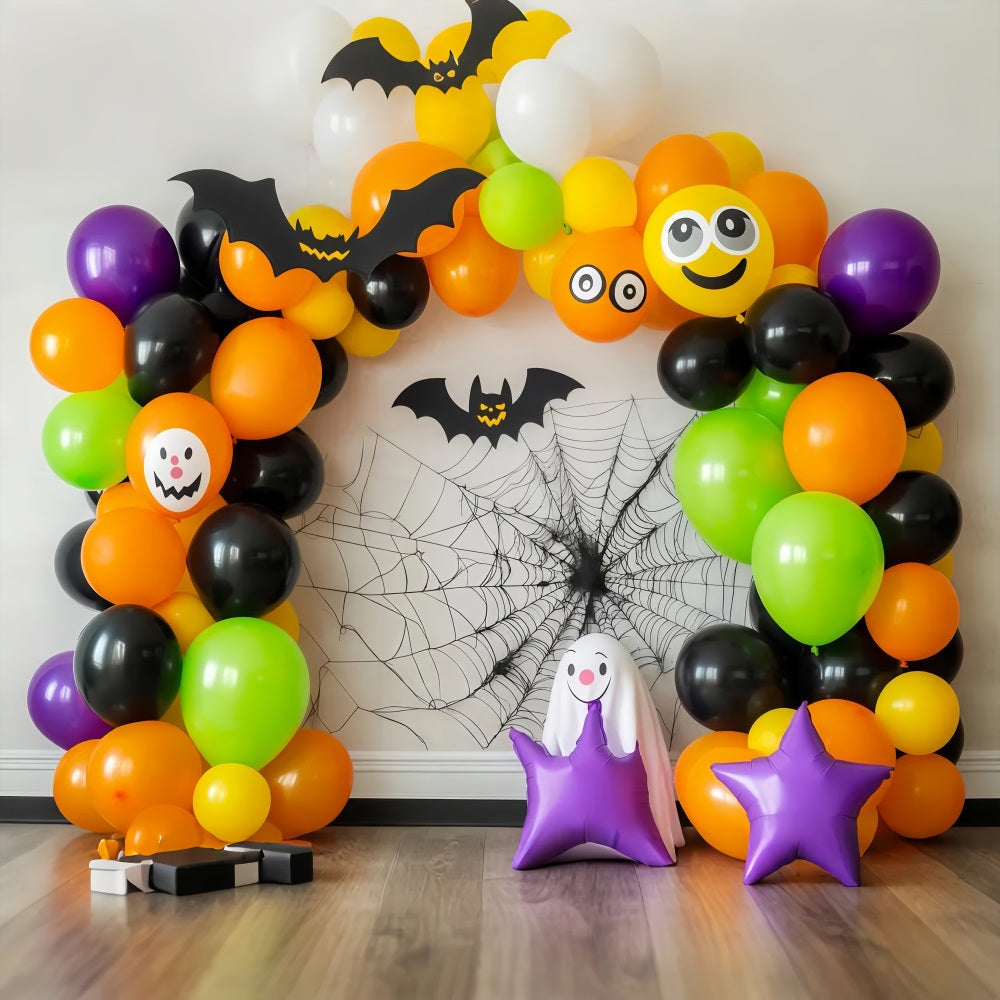 Halloween WandFotohintergrund Bunter Ballonbogen mit Fledermäusen und Gespenstern Halloween Fotohintergrund TWW58-6