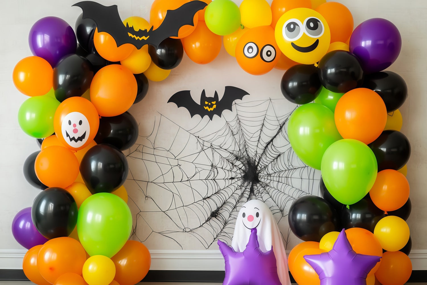 Halloween WandFotohintergrund Bunter Ballonbogen mit Fledermäusen und Gespenstern Halloween Fotohintergrund TWW58-6