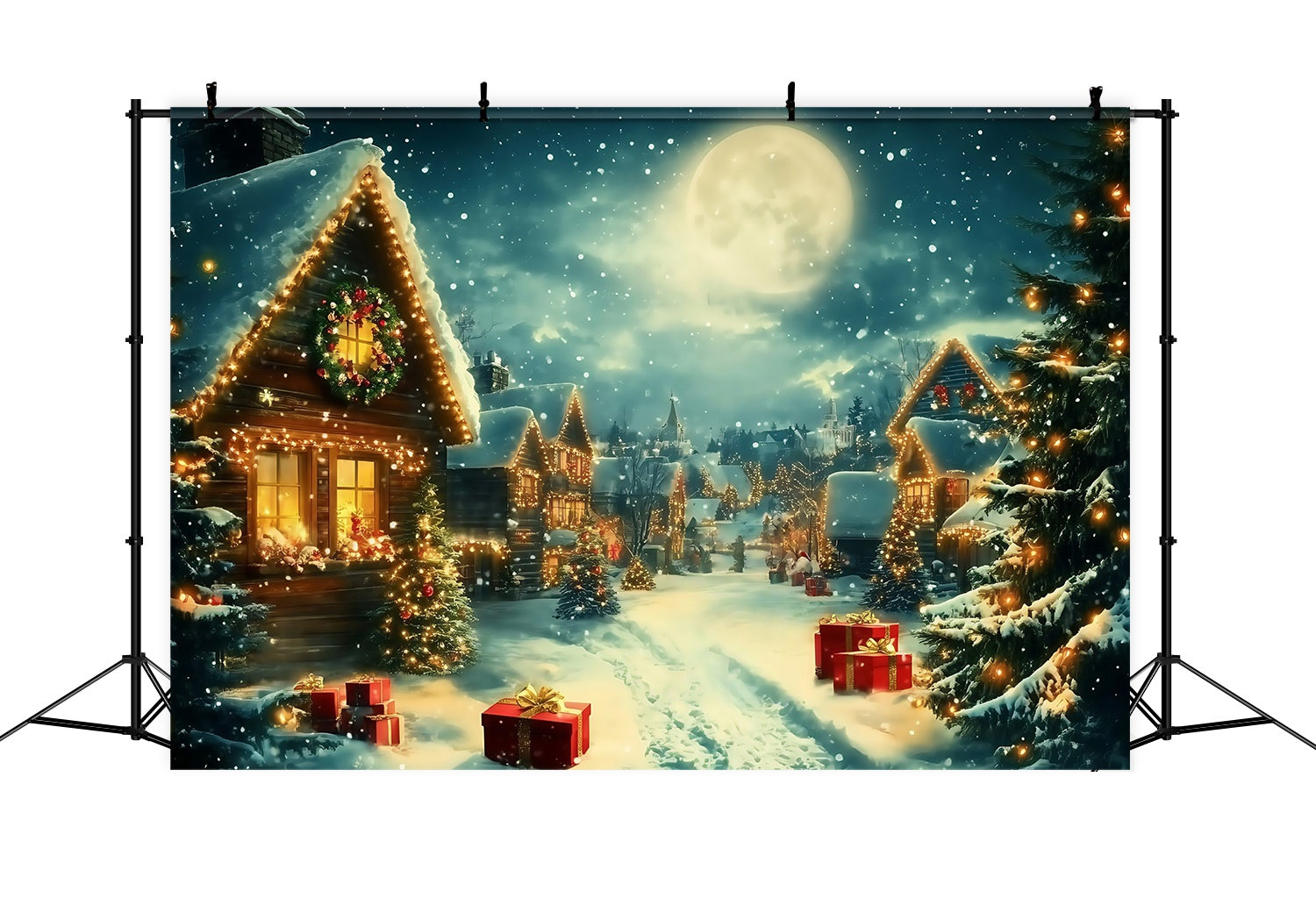 Christmas Village Backdrop Moonlit Village Schnee Lichter Geschenke Weihnachten Studiohintergrund TWW58-68