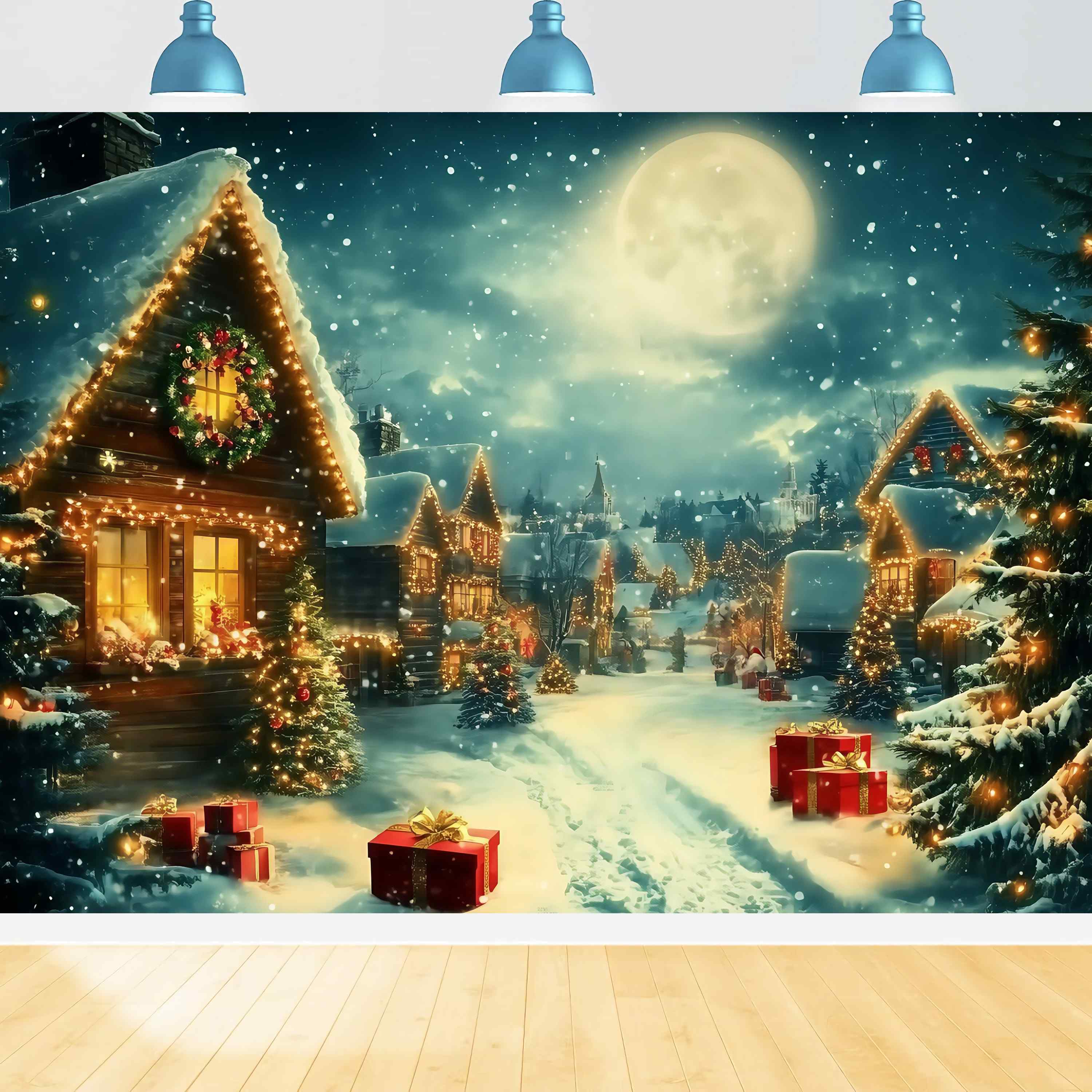 Christmas Village Backdrop Moonlit Village Schnee Lichter Geschenke Weihnachten Studiohintergrund TWW58-68
