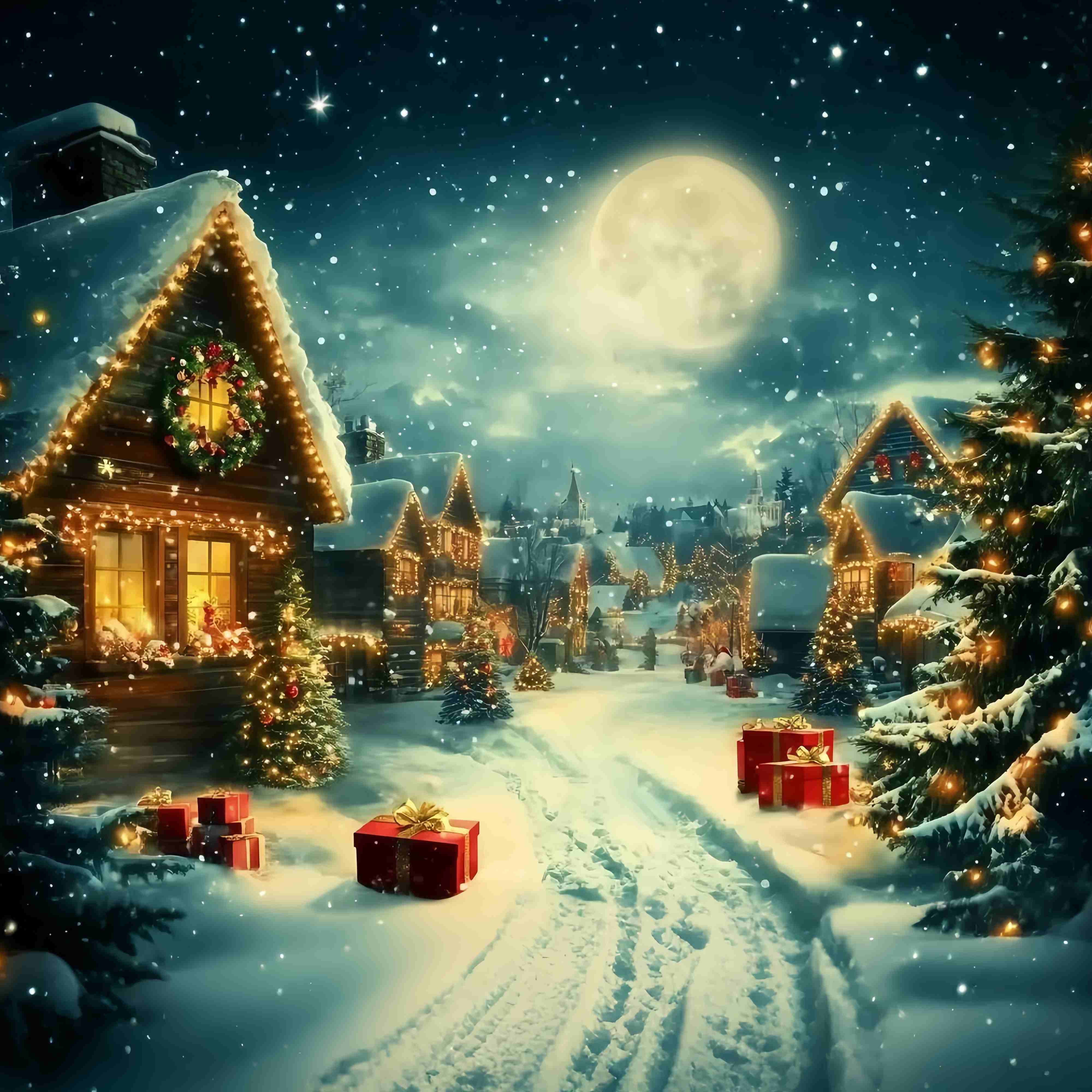 Christmas Village Backdrop Moonlit Village Schnee Lichter Geschenke Weihnachten Studiohintergrund TWW58-68