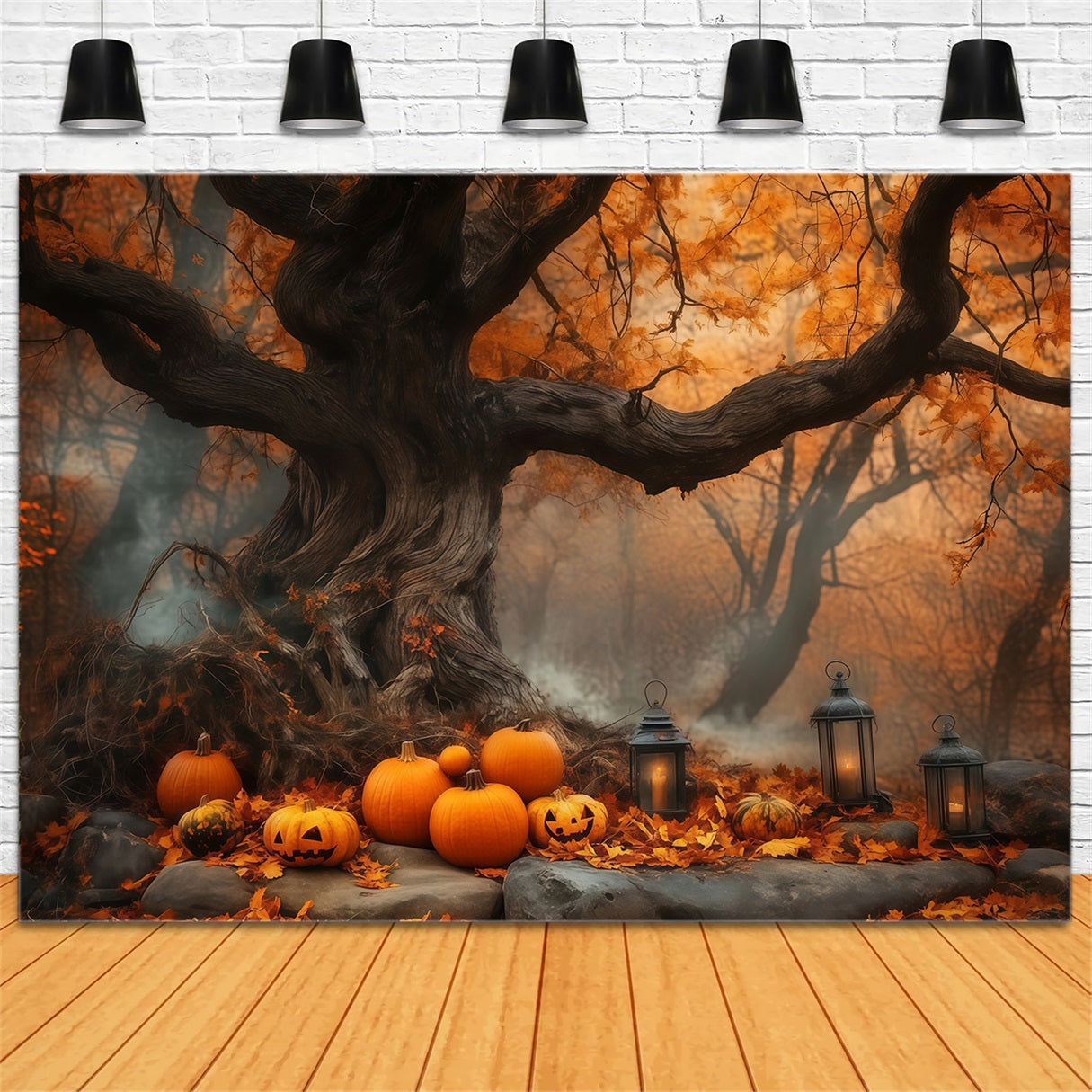 Halloween-Kürbisfeld unter altem Herbstbaum Halloween-Fotohintergrundkulissen TWW58-7