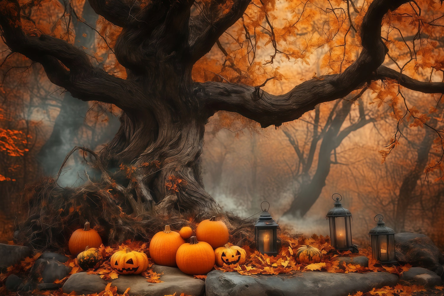 Halloween-Kürbisfeld unter altem Herbstbaum Halloween-Fotohintergrundkulissen TWW58-7