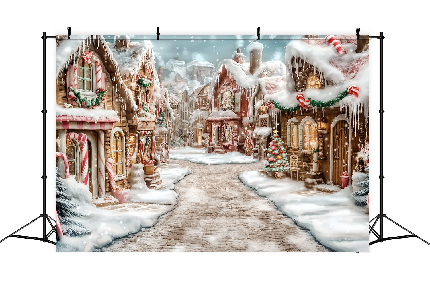 Candyland Christmas Backdrop Frosted Lebkuchen Village Candy Cane Path Weihnachts-Fotohintergrund, Weihnachtsfotohintergrund, Weihnachten Fotohintergrund TWW58-70