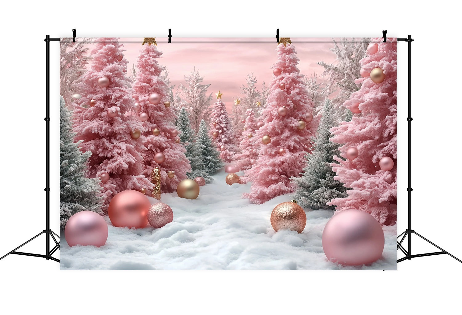 Rosa Weihnachten Backdrop Rosa gefrostet Weihnachtsbäume Schnee Ornamente Weihnachten Fotohintergrund TWW58-71
