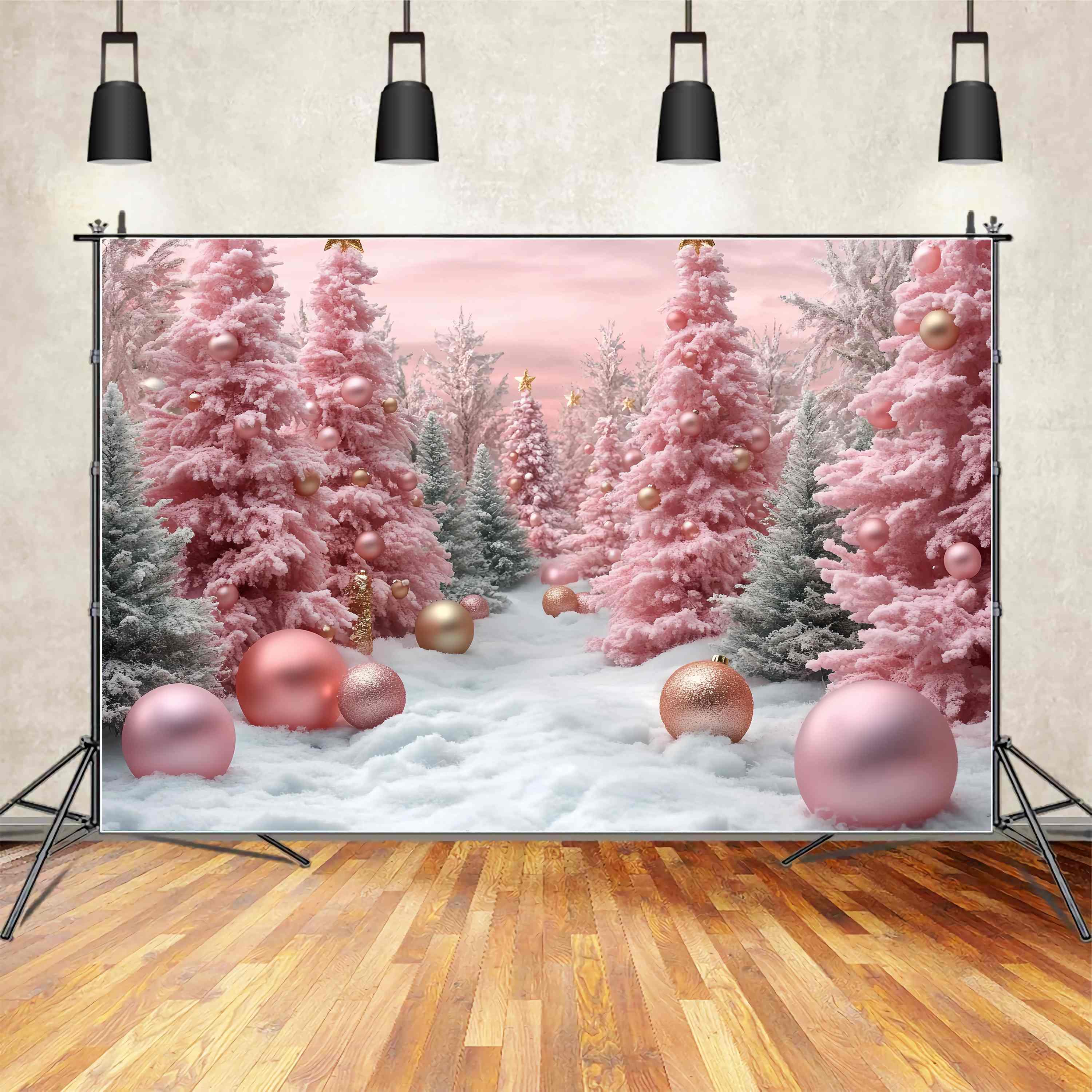 Rosa Weihnachten Backdrop Rosa gefrostet Weihnachtsbäume Schnee Ornamente Weihnachten Fotohintergrund TWW58-71