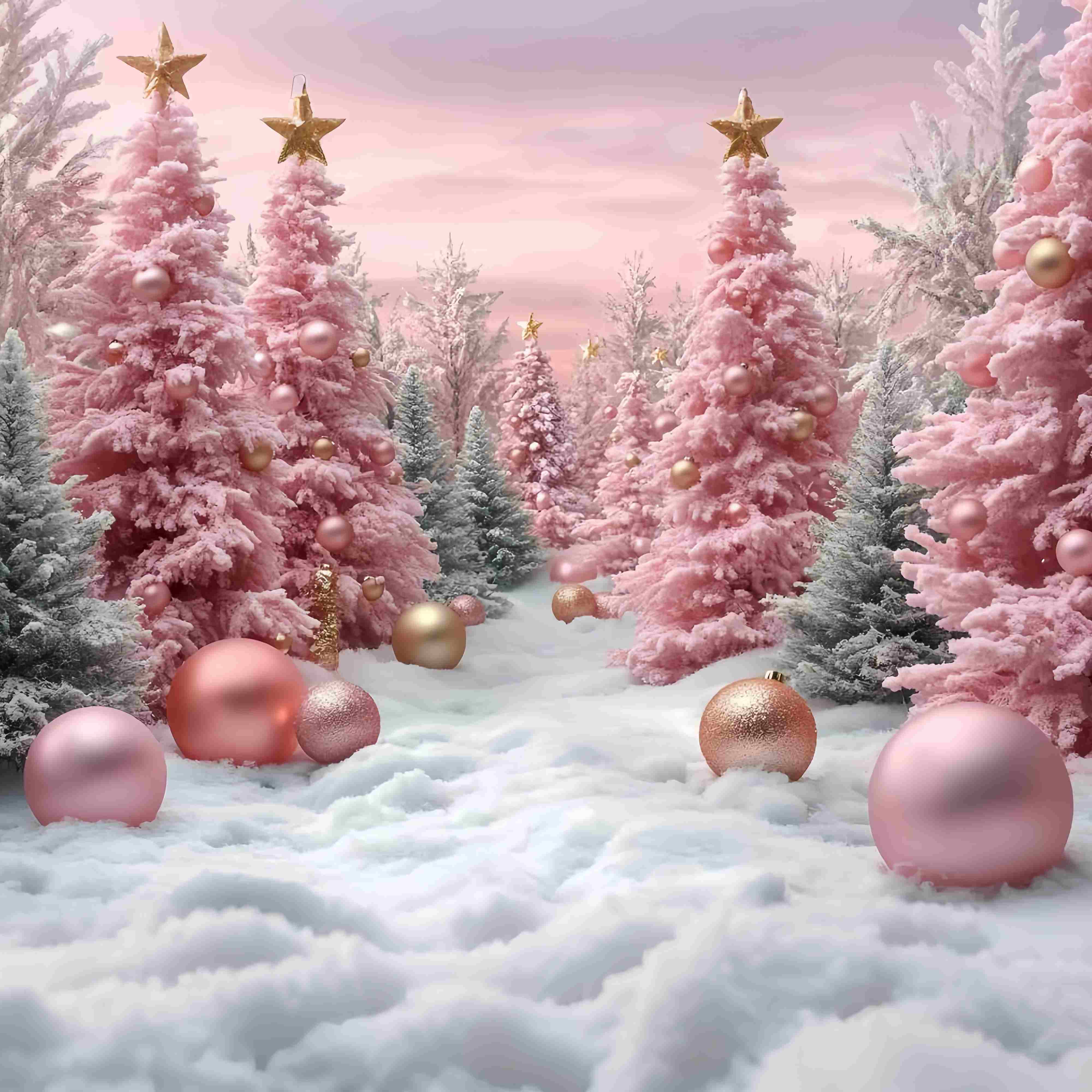 Rosa Weihnachten Backdrop Rosa gefrostet Weihnachtsbäume Schnee Ornamente Weihnachten Fotohintergrund TWW58-71