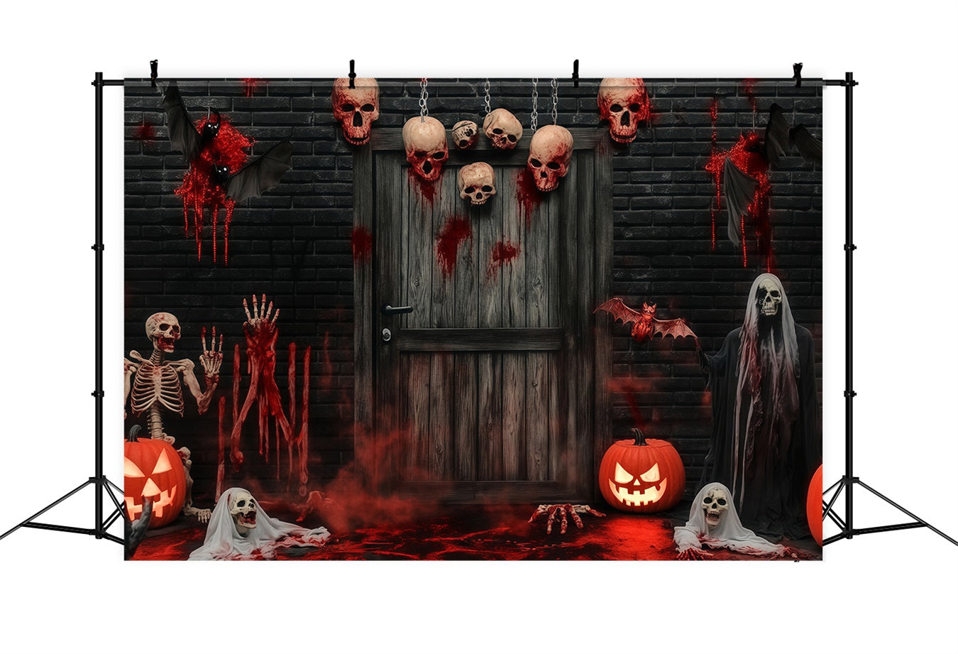 Garagentor-Halloween-Fotohintergrund Blutige Totenköpfe und Skelette an der Spuk-Tür Gruselige Halloween-Hintergründe TWW58-8