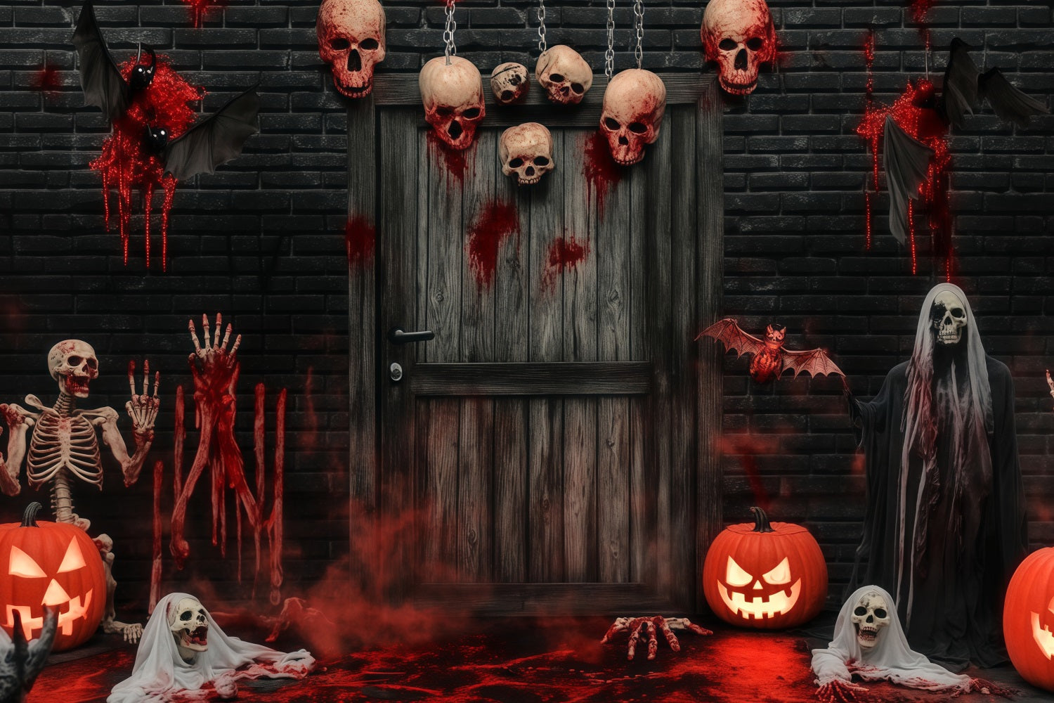 Garagentor-Halloween-Fotohintergrund Blutige Totenköpfe und Skelette an der Spuk-Tür Gruselige Halloween-Hintergründe TWW58-8