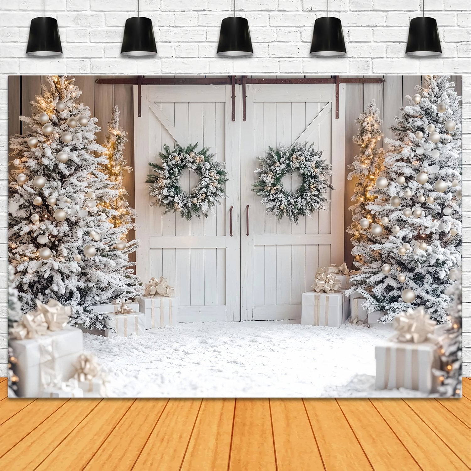 Weiße Weihnachten Fotohintergrund schneebedeckten Bäumen weiße Scheune Tür Kränze Weihnachten Fotohintergrund für Fotos TWW58-81