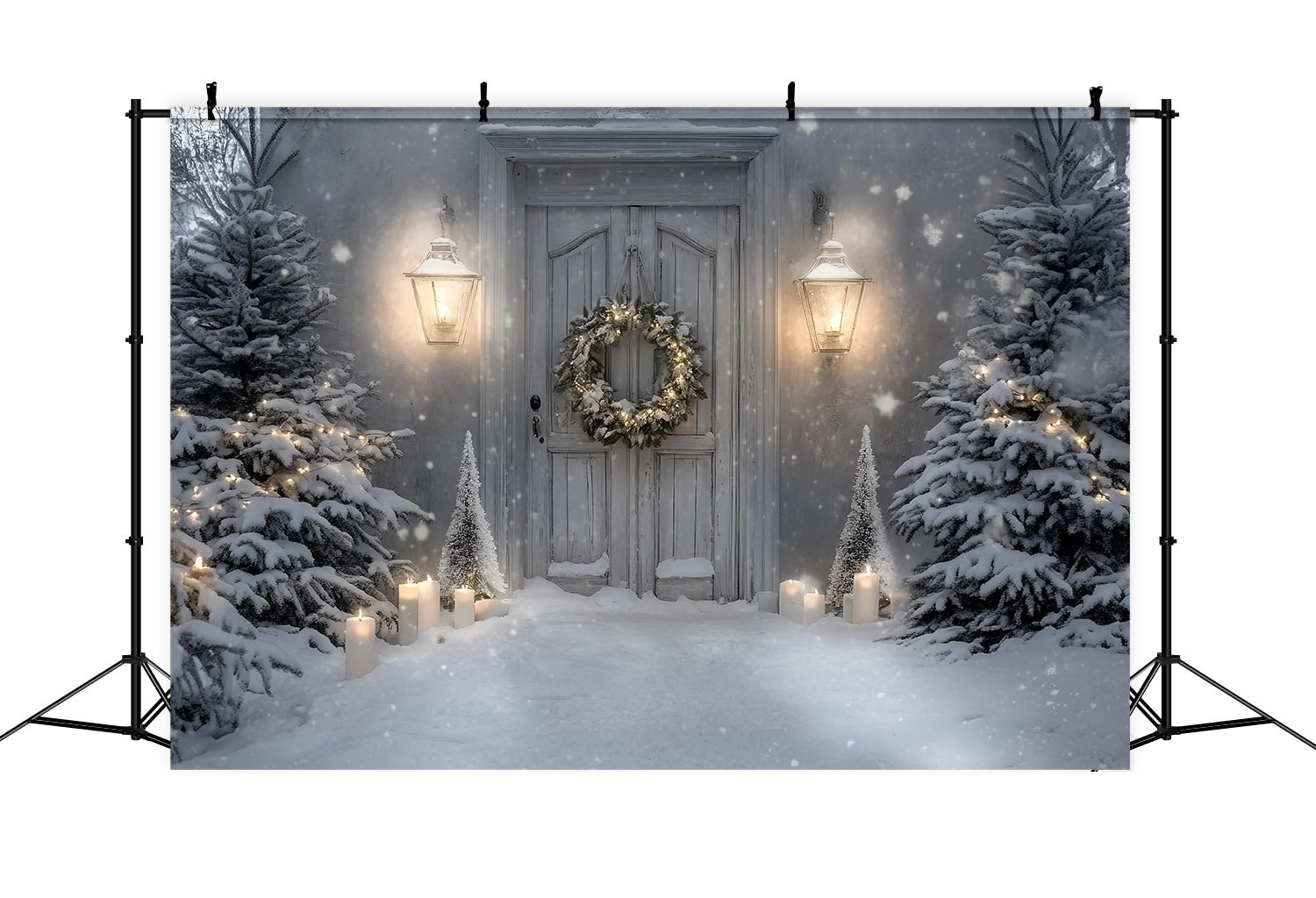 Weiße Weihnachten Fotohintergrund verschneite Veranda Laterne Kerze glühen Weihnachten Fotokulisse TWW58-82