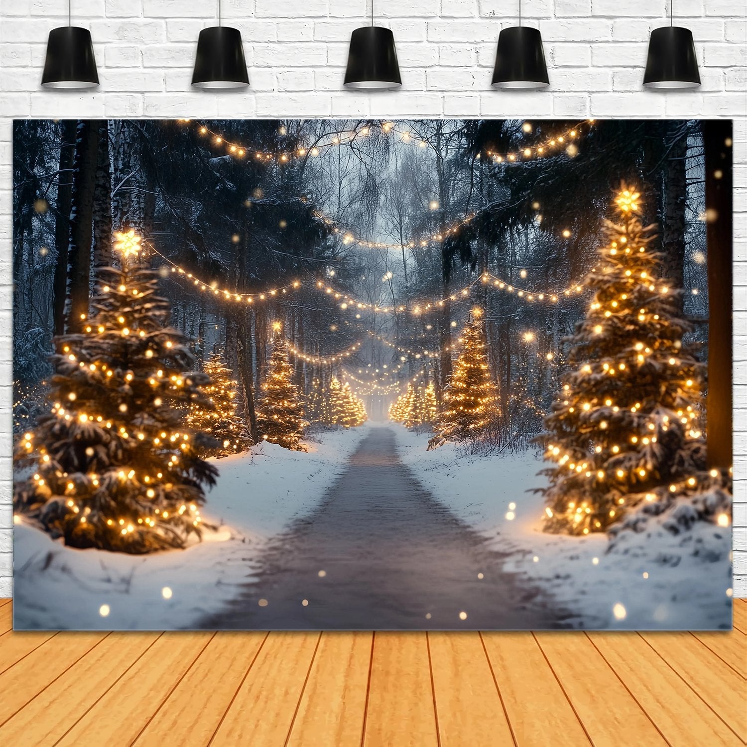 Weihnachtsbaum Bauernhof Fotohintergrund verschneite Waldweg Goldene Lichter Weihnachten Fotokulissen TWW58-89