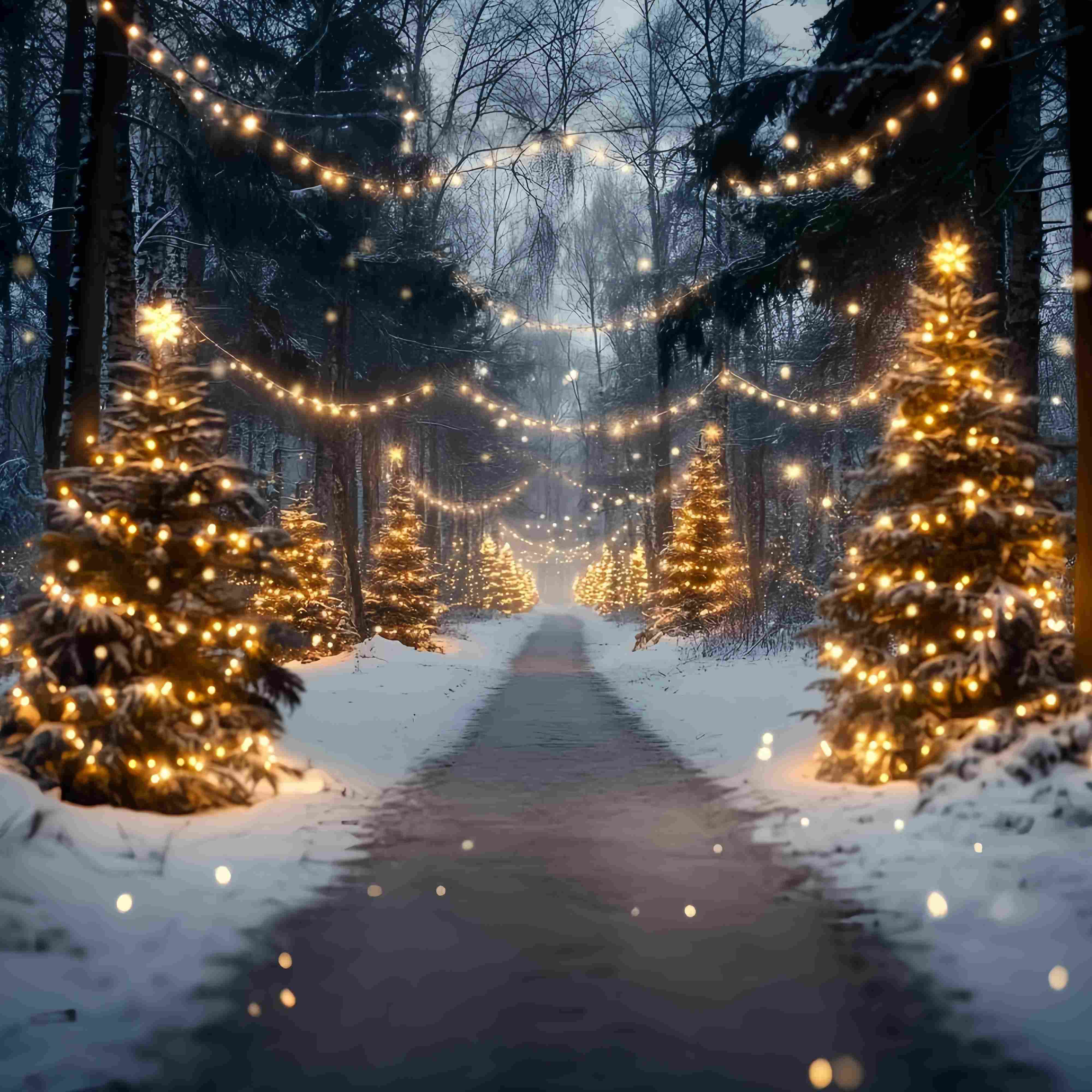 Weihnachtsbaum Bauernhof Fotohintergrund verschneite Waldweg Goldene Lichter Weihnachten Fotokulissen TWW58-89