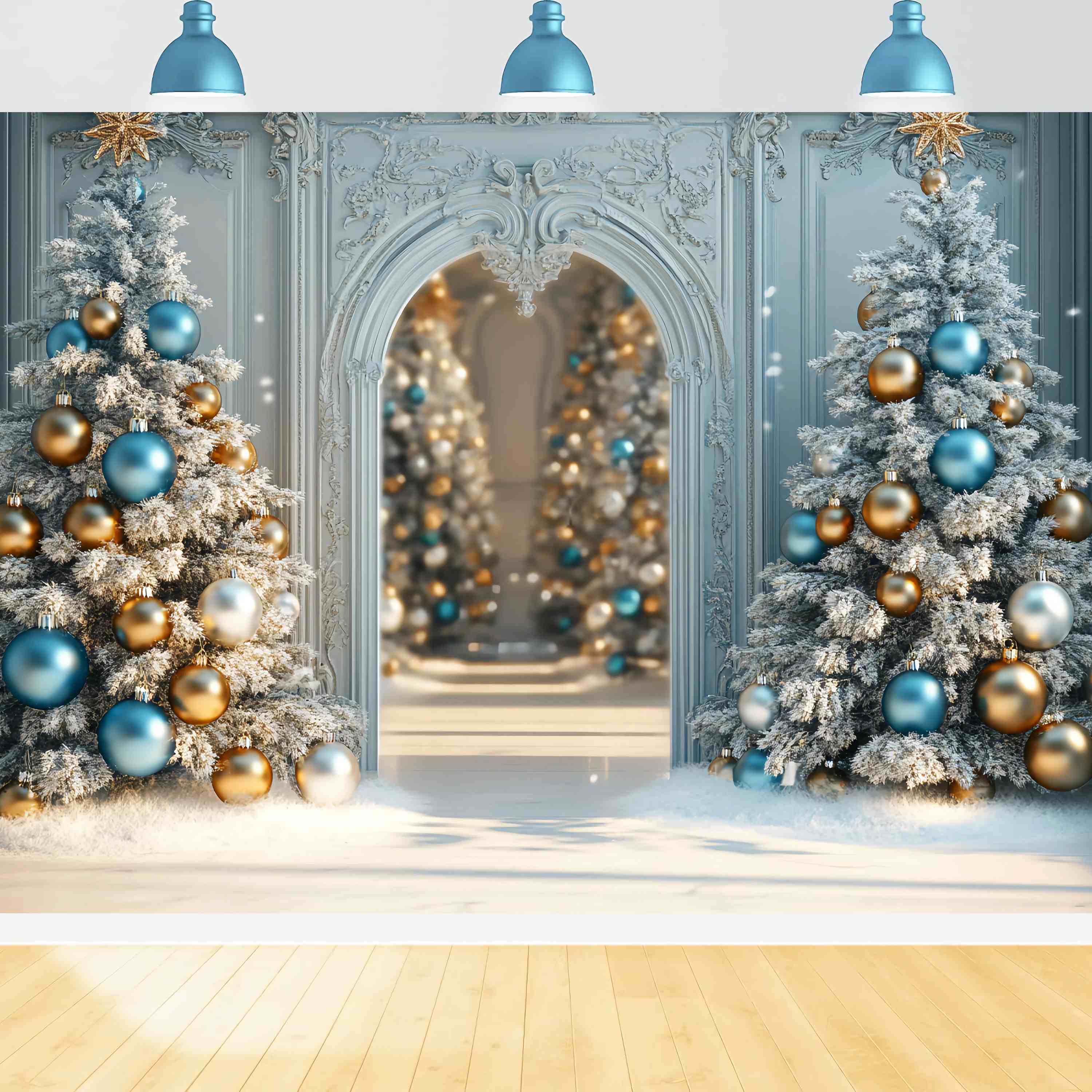 Weihnachtsbaum Backdrop Frosted Blau Gold Ornament Bäume Weihnachten Studiohintergrund 10x10 TWW58-96