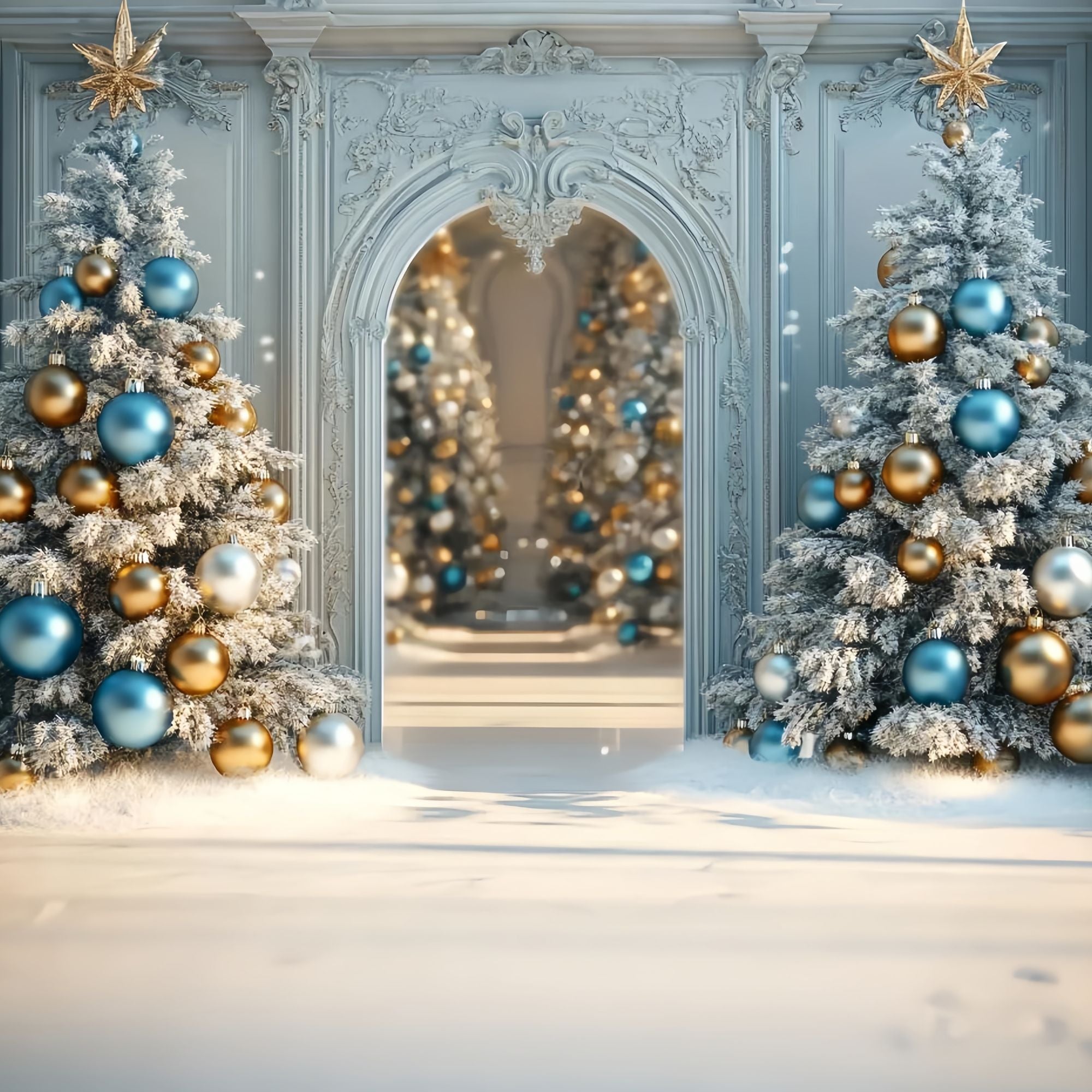 Weihnachtsbaum Backdrop Frosted Blau Gold Ornament Bäume Weihnachten Studiohintergrund 10x10 TWW58-96
