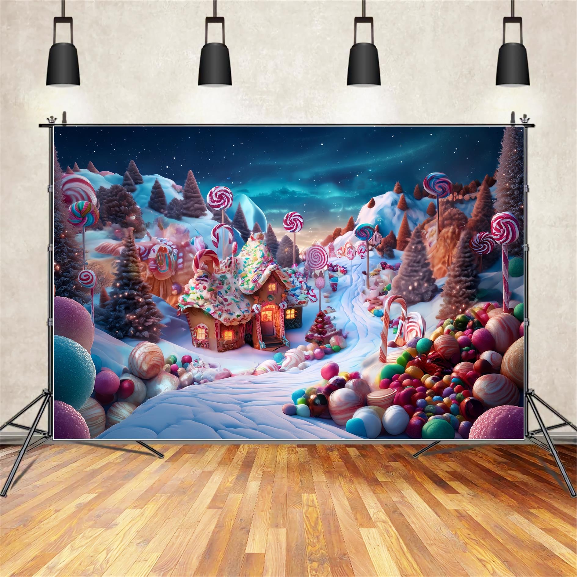 Candyland Fotohintergrund Candy Wonderland Lebkuchenhäuschen Weihnachtsfoto Fotohintergrund TWW59-119
