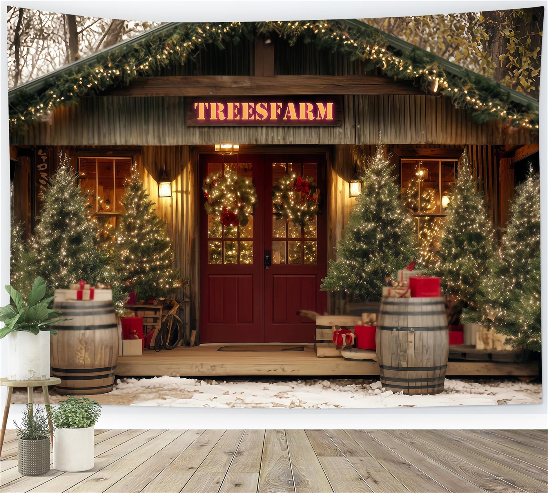 Weihnachtsbauernhof Fotohintergrund Rustikaler Baumhof-Eingang Weihnachtsfoto-Hintergründe TWW59-122