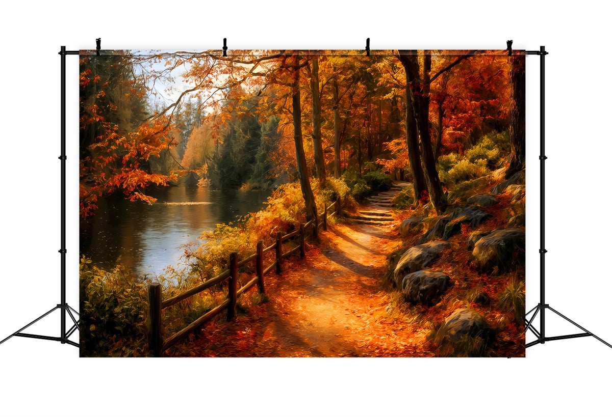 Herbstwald-Fotohintergrund Malerischer Waldweg am Flussufer Herbstwald-Fotohintergrund TWW59-139