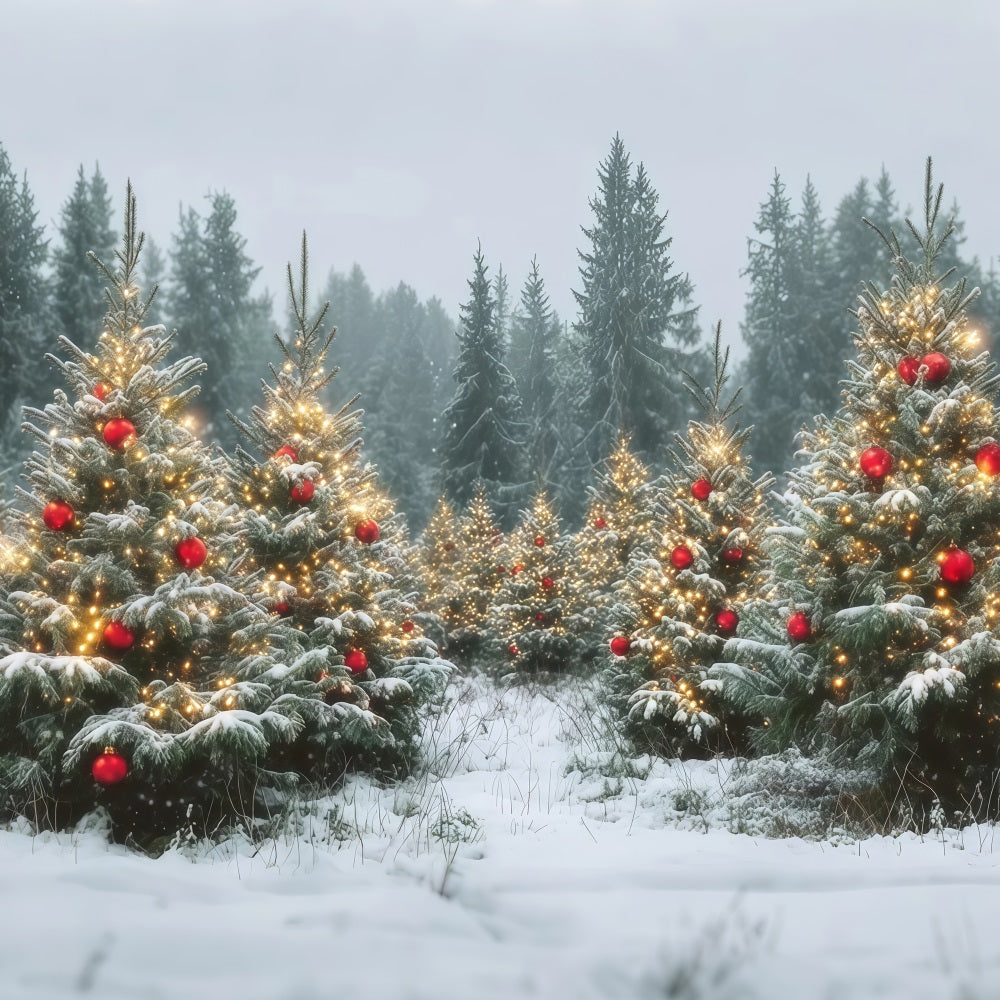 Weihnachtswald-Fotohintergrund Schneebedeckte Bäume Goldene Ornamente Kiefernwald-Fotohintergrund TWW59-147