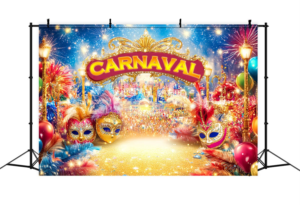 Maskenkarneval-Fotohintergrund Goldene Masken Feuerwerk Karneval-Fotohintergrund TWW59-17
