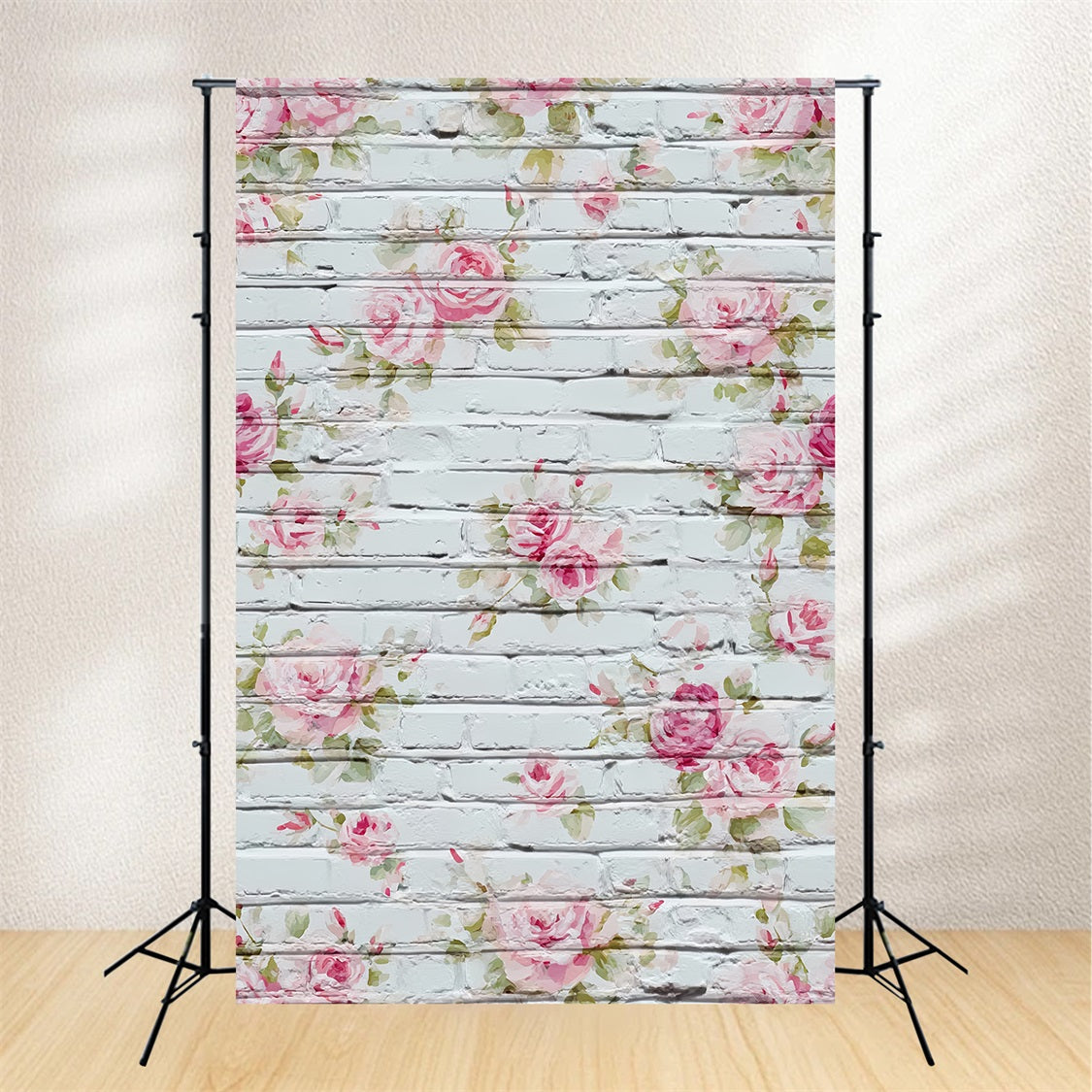 Ziegelhintergründe Weiß getünchte, mit Blumen bemalte Rosen Ziegelwand-Fotohintergrund TWW59-173