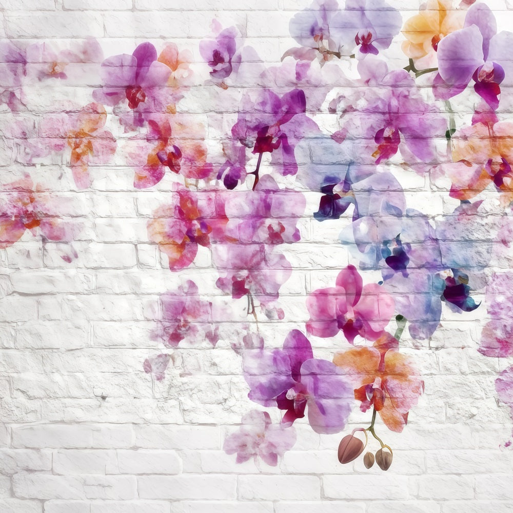 Ziegelstein-Kulissen Weiße Wand Aquarell Orchideenmuster Ziegelsteinwand-Kulisse TWW59-182