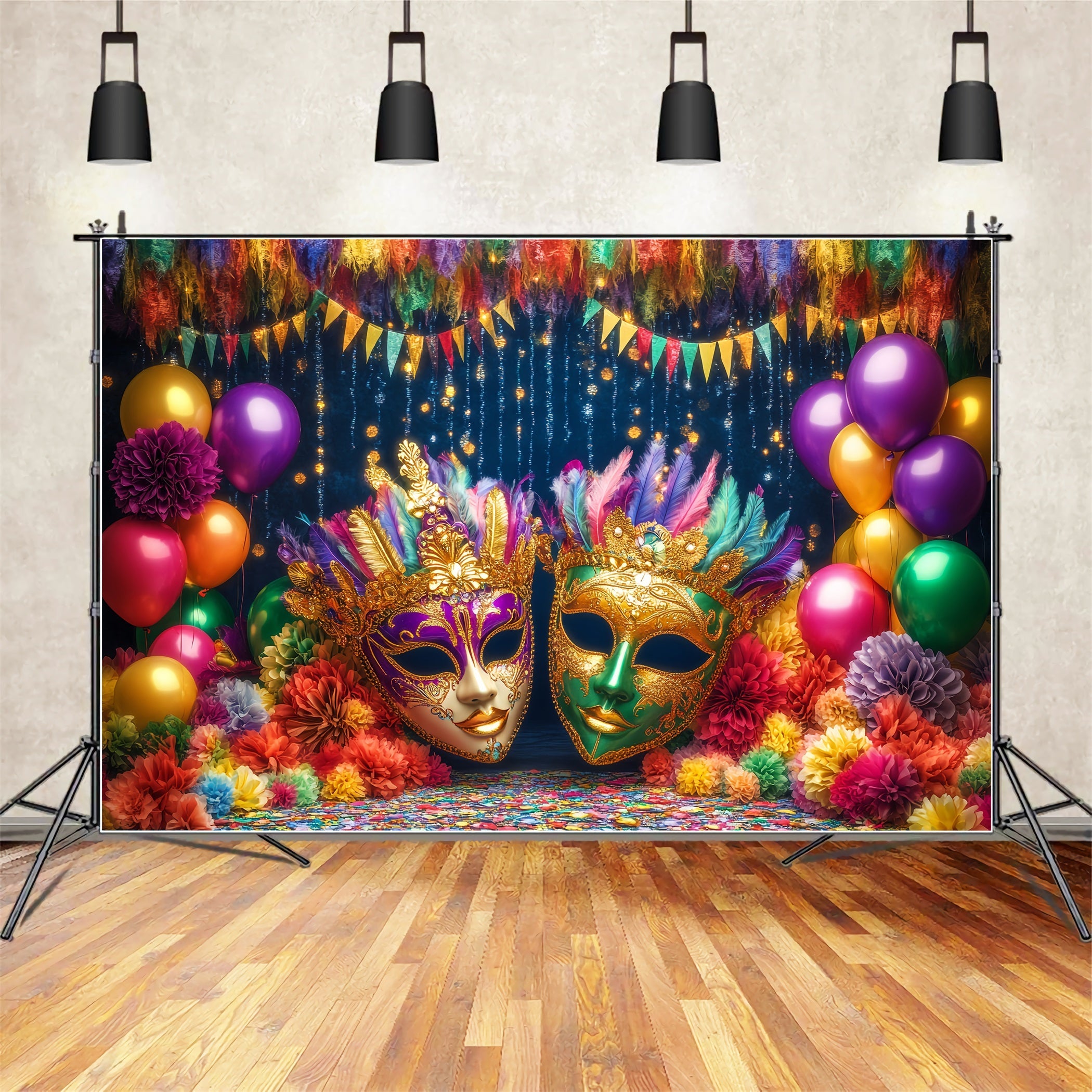 Maskenkarneval-Fotohintergrund Bunte Ballons Federverzierter Maskenball Karneval-Fotohintergrund TWW59-19
