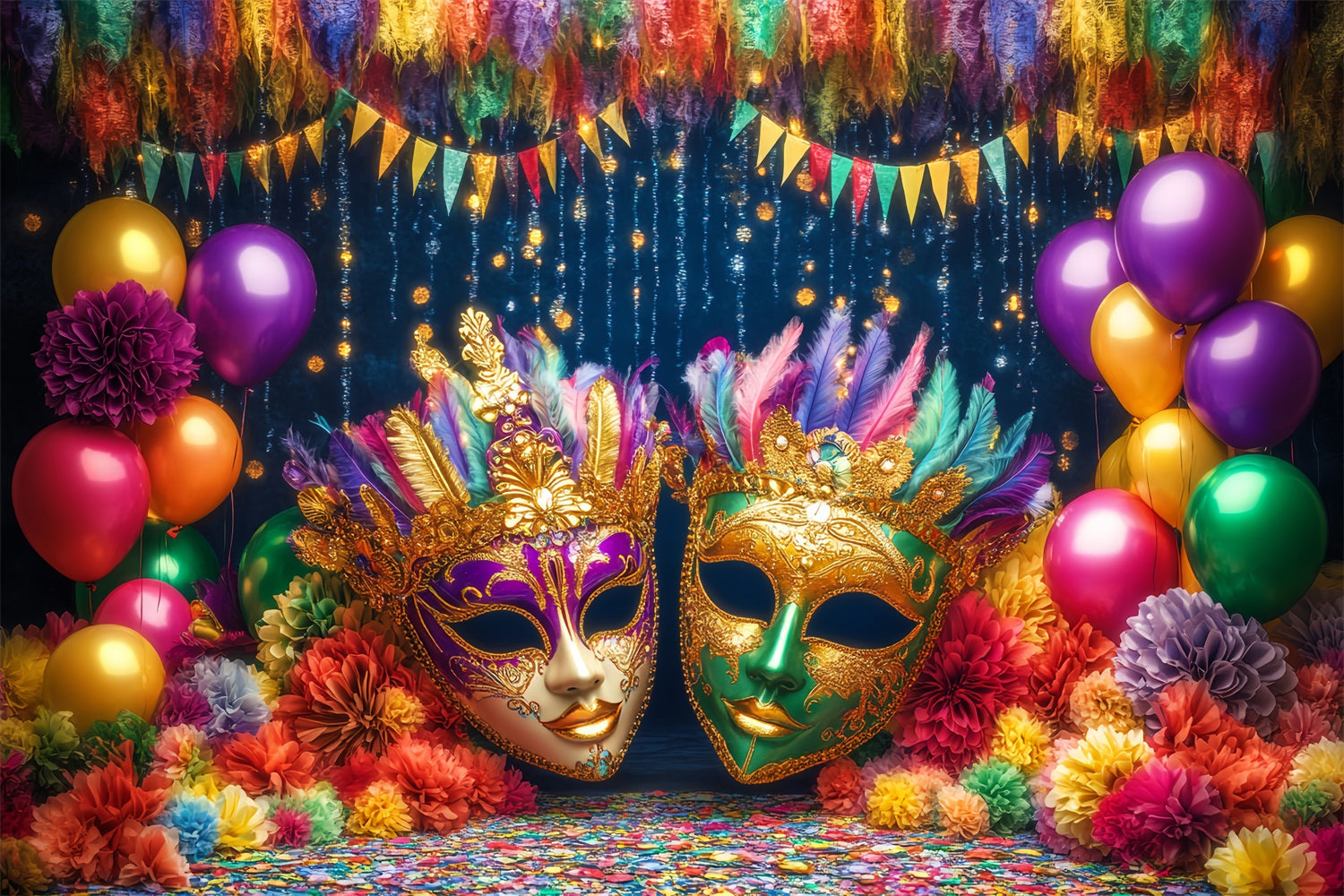 Maskenkarneval-Fotohintergrund Bunte Ballons Federverzierter Maskenball Karneval-Fotohintergrund TWW59-19