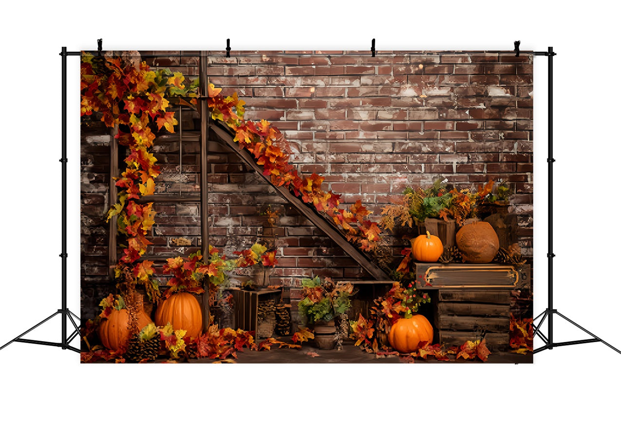 Ziegelwand-Studiohintergründe Herbstkürbisse Ahornblätter Ziegelhintergrund TWW59-195