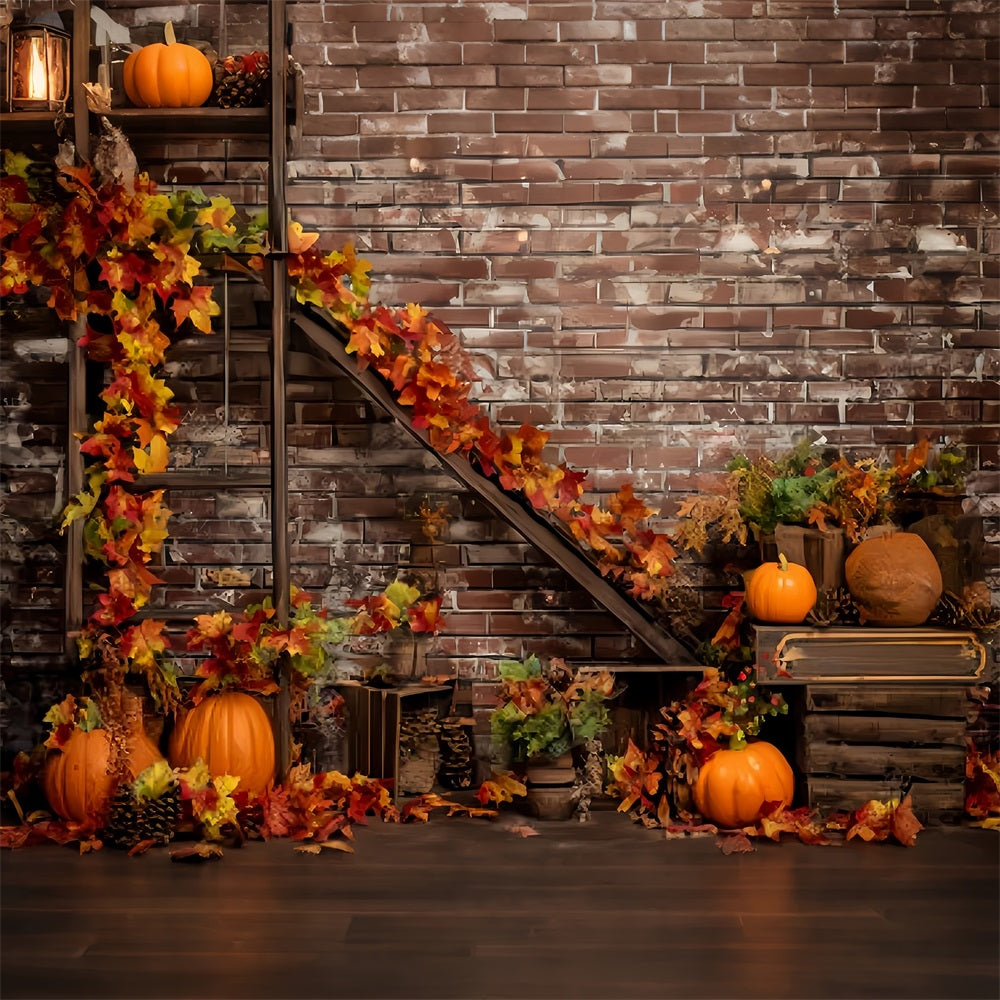 Ziegelwand-Studiohintergründe Herbstkürbisse Ahornblätter Ziegelhintergrund TWW59-195