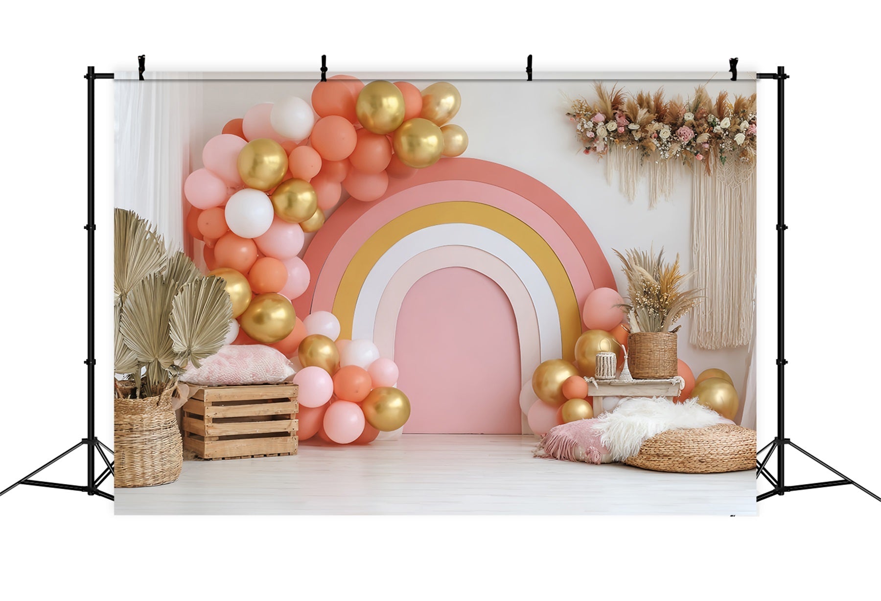 Cake Smash-Studiohintergründe Goldener Regenbogenballon-Aufbau Kuchenfotografie-Studiohintergründe TWW59-211